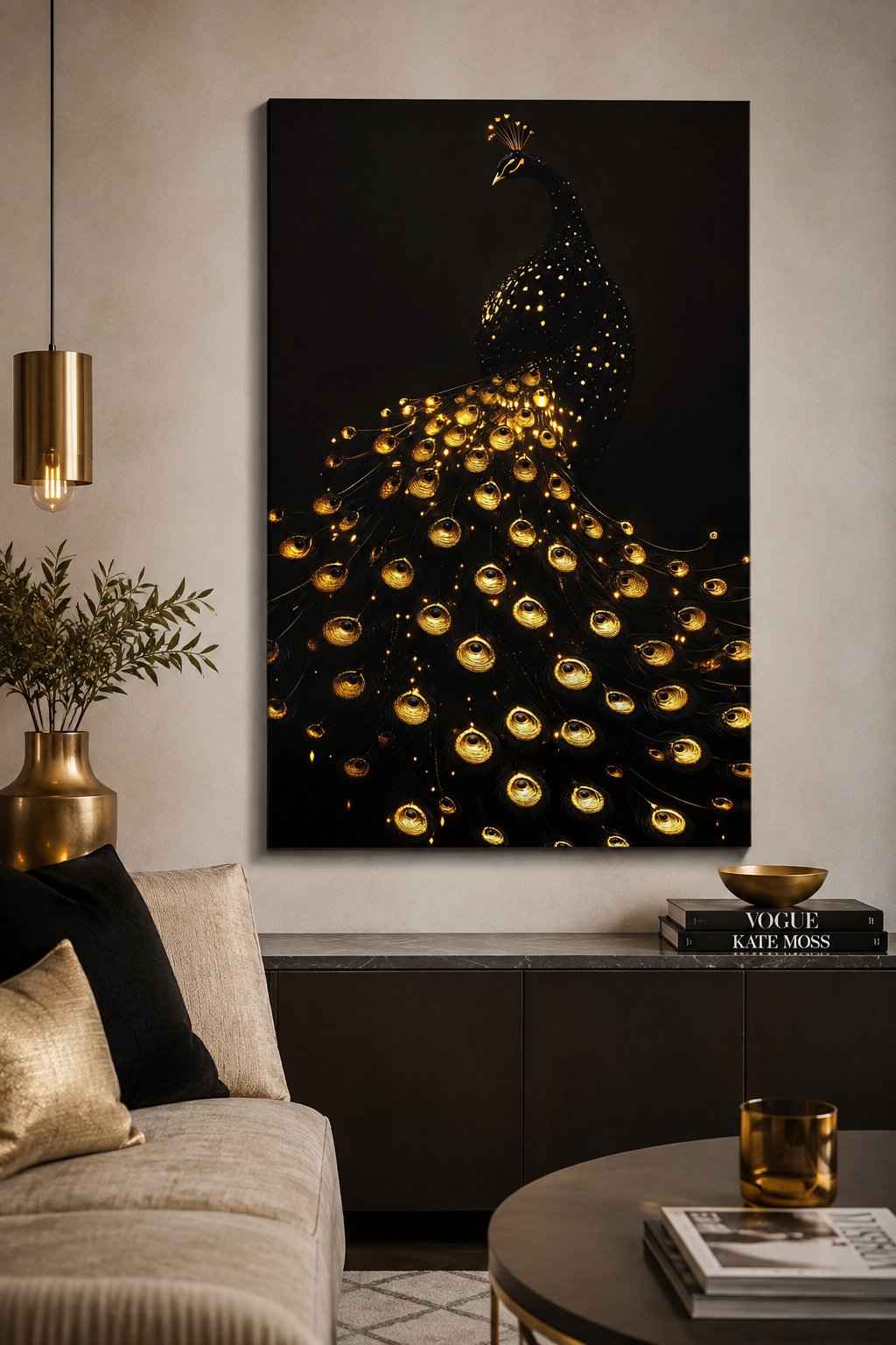 Majestic Golden Peacock Wall Art - Luxury Black and Gold Animal Canvas Print - Modern Elegant Bird Poster for Living Room, Bedroom Home Decor canvas print — peacock wall decor