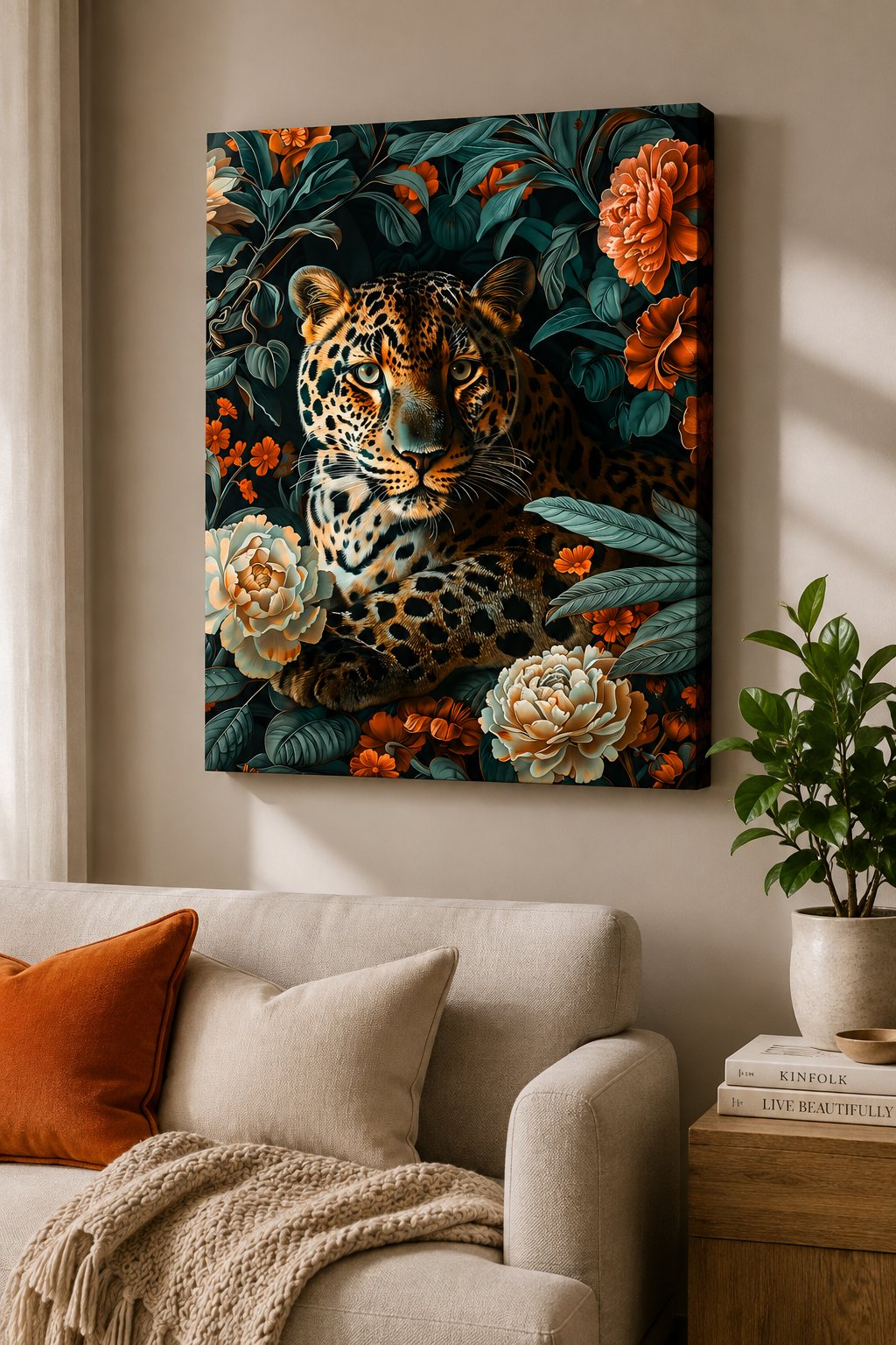 Majestic Jaguar Luxury Wall Art | Exotic Botanical Jungle Floral Art Print canvas print — leopard wall decor