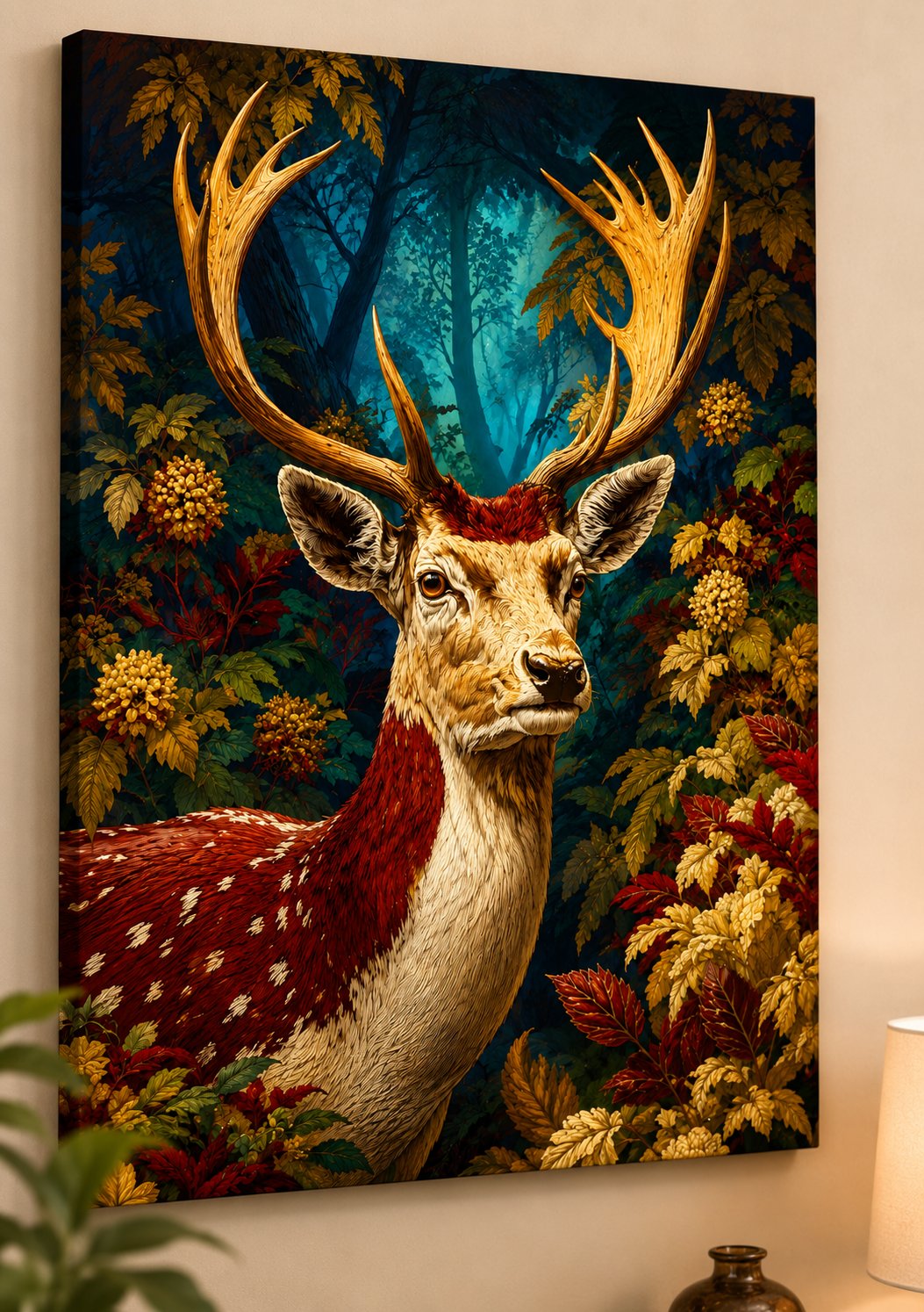 Majestic Stag Canvas Wall Art - Red and Gold Autumn Forest Deer Print - Fantasy Wildlife Poster for Living Room Decor canvas print — deer wall decor