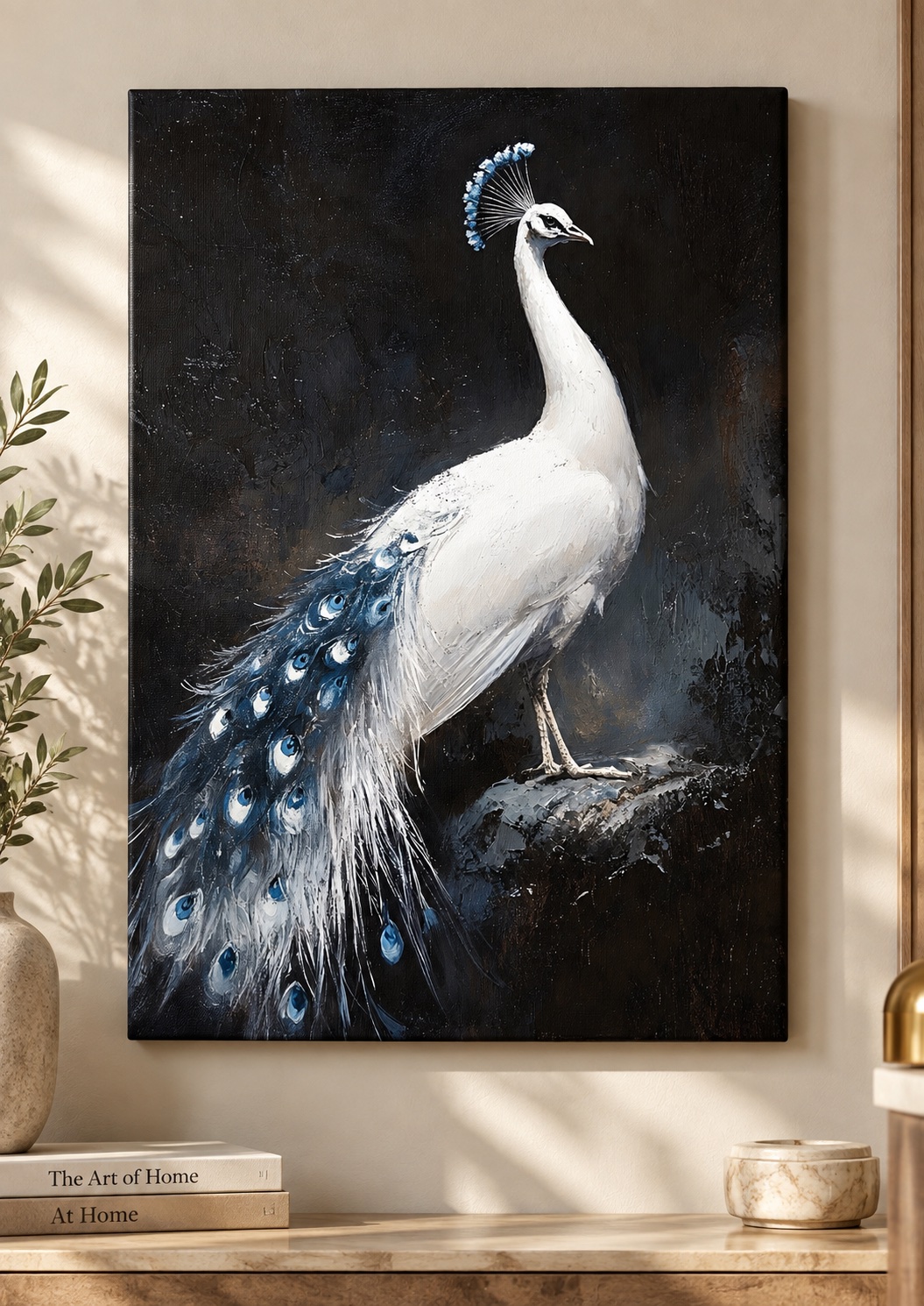 Majestic White Peacock Canvas Wall Art - Moody Fine Art Bird Painting Print for Living Room & Luxury Decor