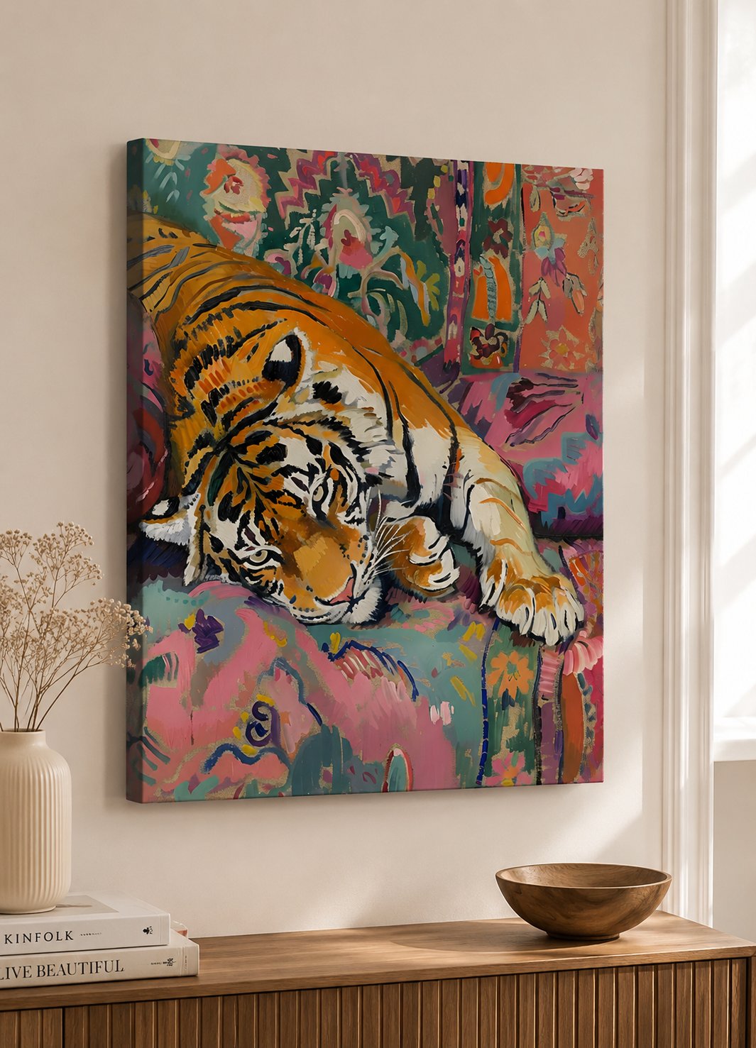 Maximalist Tiger Canvas Wall Art - Colorful Eclectic Jungle Decor, Vibrant Boho Animal Painting Print, Chintz Pattern Bohemian Home Decor canvas print — tiger wall decor