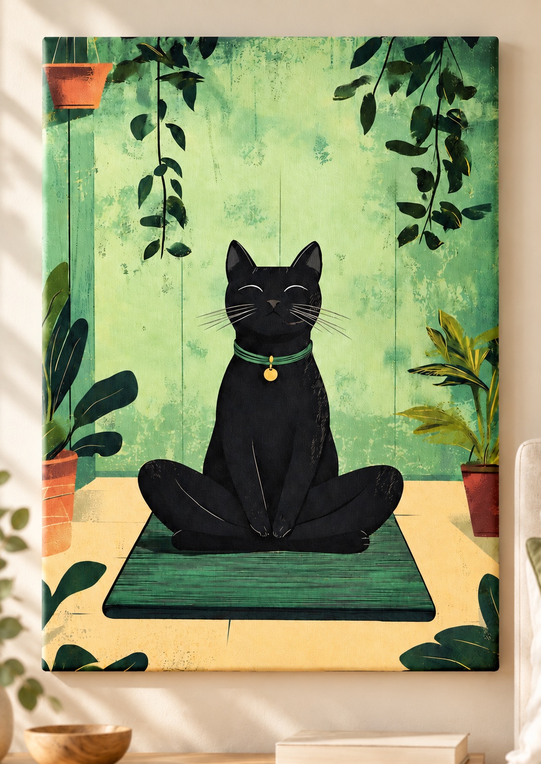 Meditating Black Cat Illustration in Sage Green | Whimsical Botanical Wall Art