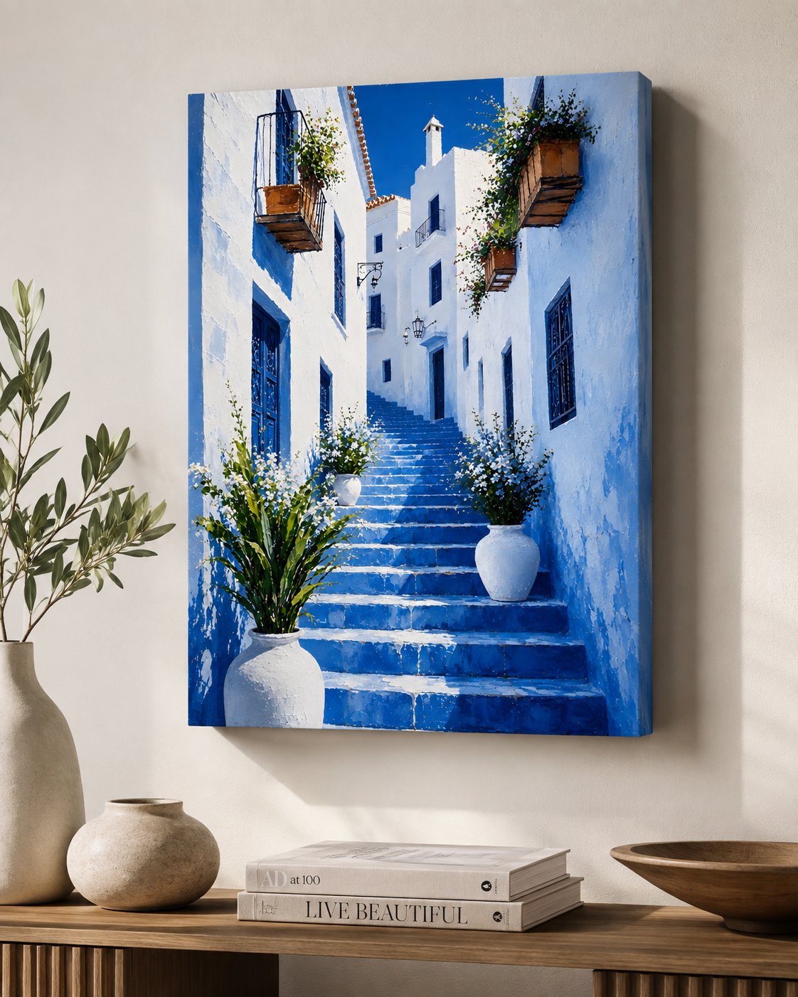Mediterranean Blue Alley Canvas Wall Art - Greek Island Street Painting Print - White Architecture Coastal Decor canvas print — sunlit alley decor