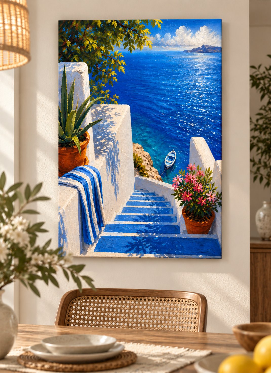 Mediterranean Blue Sea Stairway Canvas Wall Art – Coastal Ocean & Whitewashed Village Painting canvas print — Mediterranean coastal decor