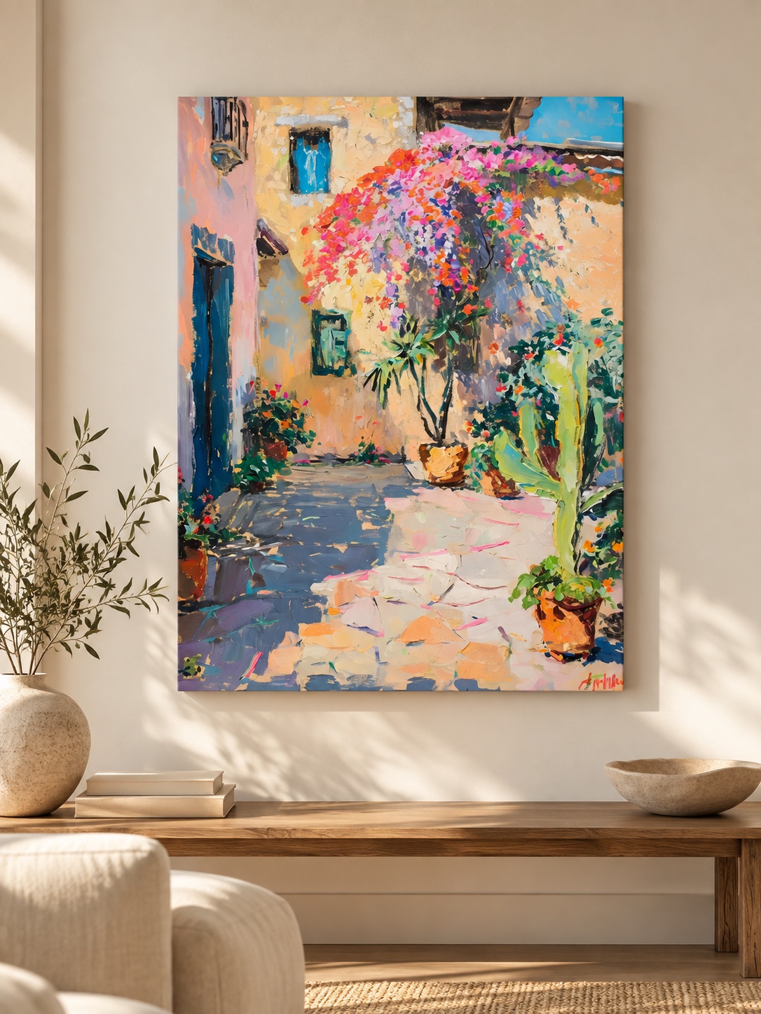 Joyful Mediterranean courtyard canvas art with pink bougainvillea