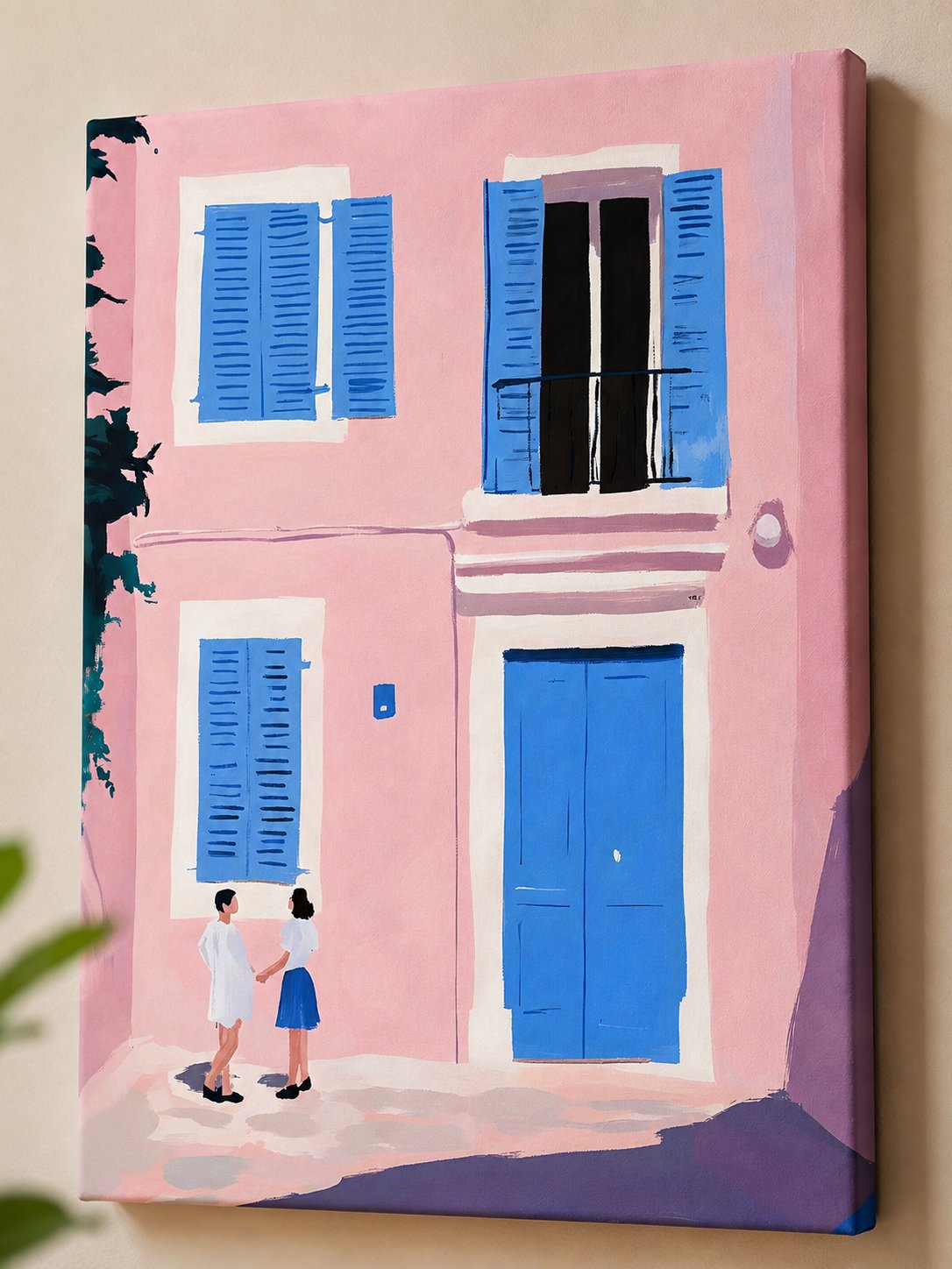 Mediterranean Charm Pastel Pink Wall Art - Vibrant Blue Door and Shutters Canvas Print canvas print — European street scene