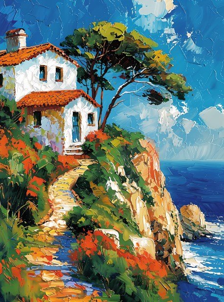 Mediterranean Cliffside Villa Impasto Oil Painting Poster — Poster
