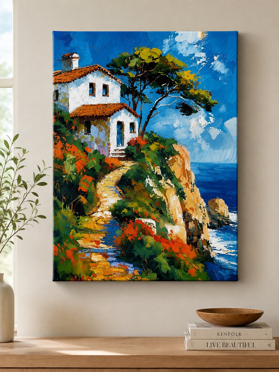 Mediterranean Cliffside Villa Impasto Oil Painting Canvas Wall Art canvas print — Mediterranean coastal house