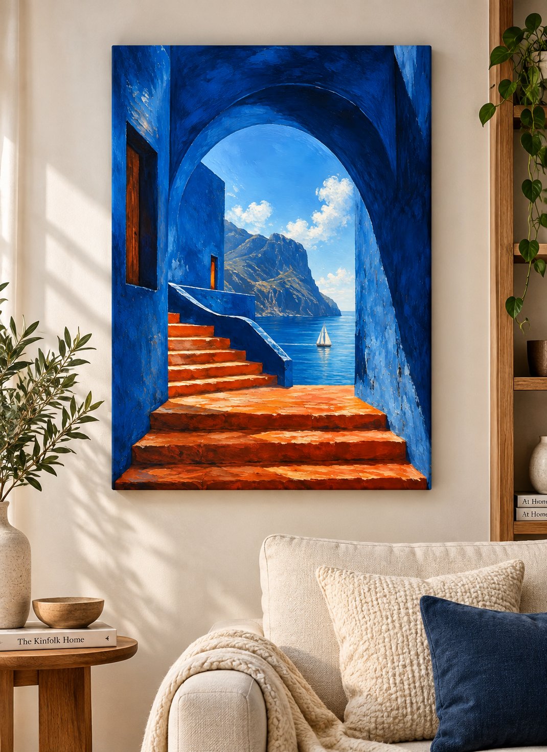 Mediterranean Coastal Archway Canvas Wall Art – Blue Village Stairs & Mountain Sea View canvas print — coastal wall decor