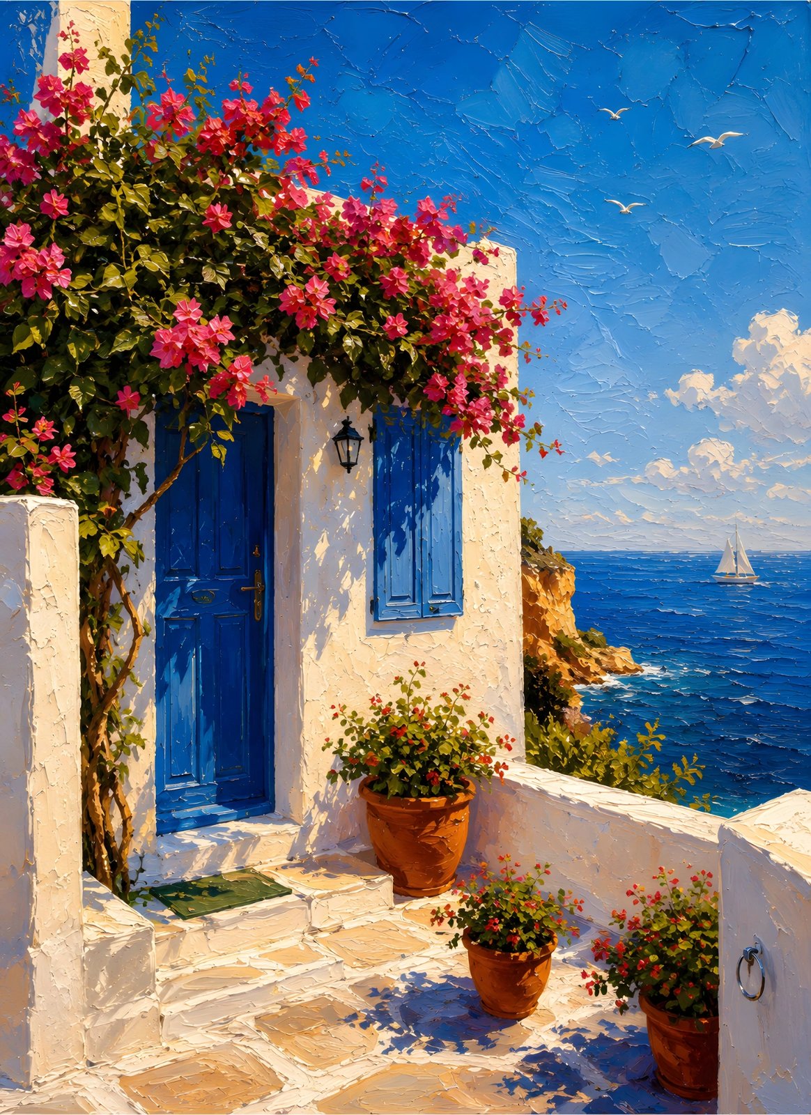 Mediterranean Coastal Villa Poster Art – Blue & White Seaside Floral Painting — Poster