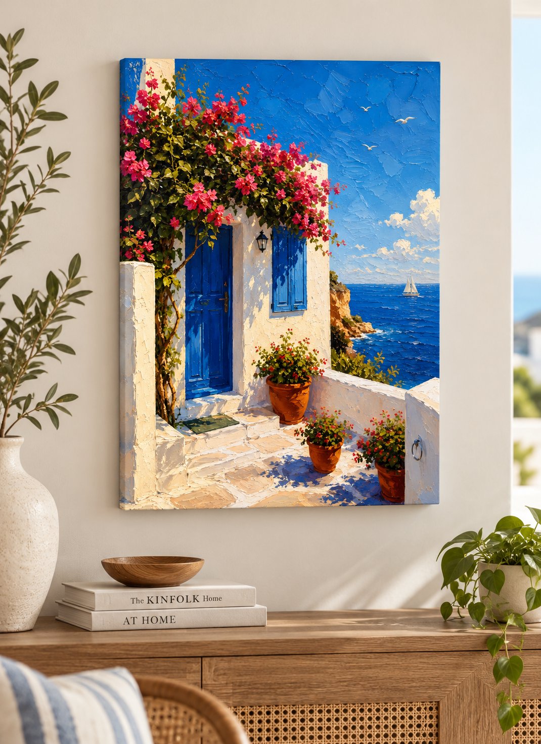 White Mediterranean-style villa with blue doors and shutters, pink bougainvillea, terracotta planters, and a bright blue sea with a sailboat.