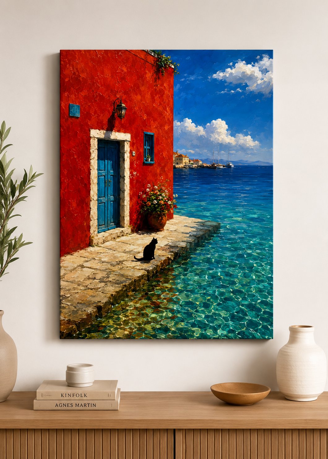 Mediterranean Coastal Wall Art - Vibrant Red House with Blue Door Canvas Print, Black Cat by Turquoise Sea Painting canvas print — seaside village painting