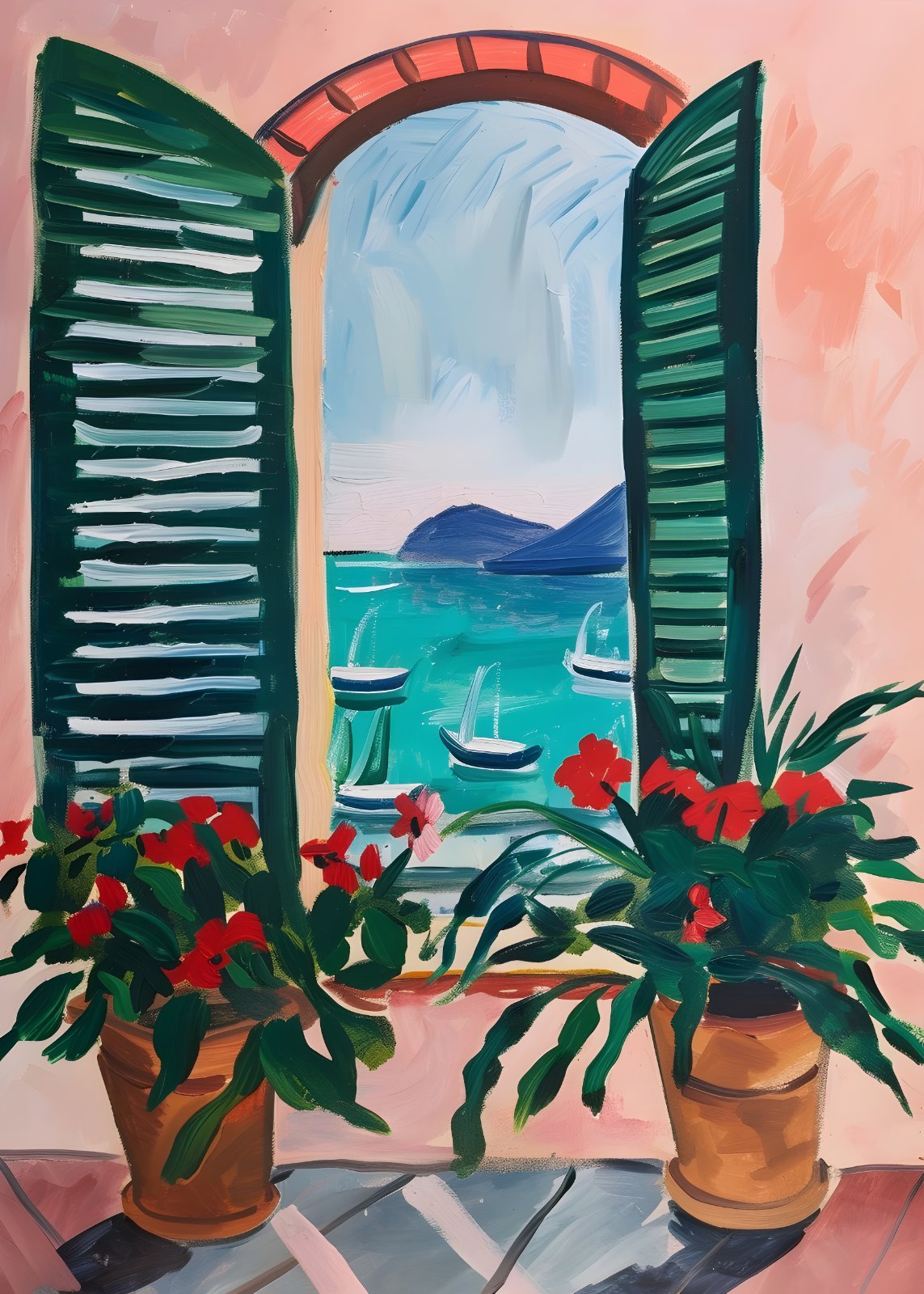 Mediterranean Coastal Window View Poster - Italian Riviera Seascape Poster, Ocean and Sailboat Painting Decor — Poster