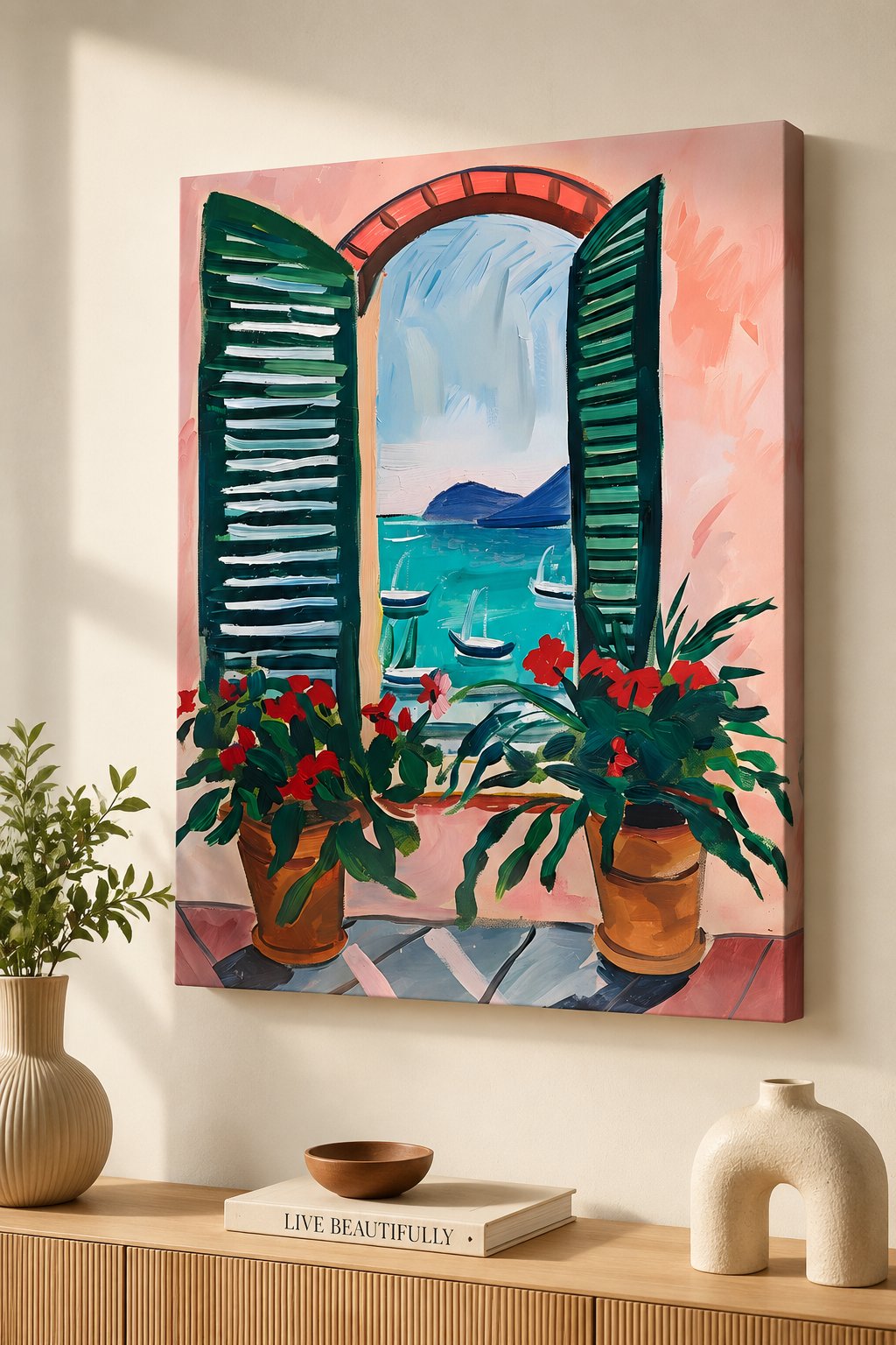 Mediterranean Coastal Window View Wall Art - Italian Riviera Seascape Canvas Print, Ocean and Sailboat Painting Decor canvas print — coastal wall decor
