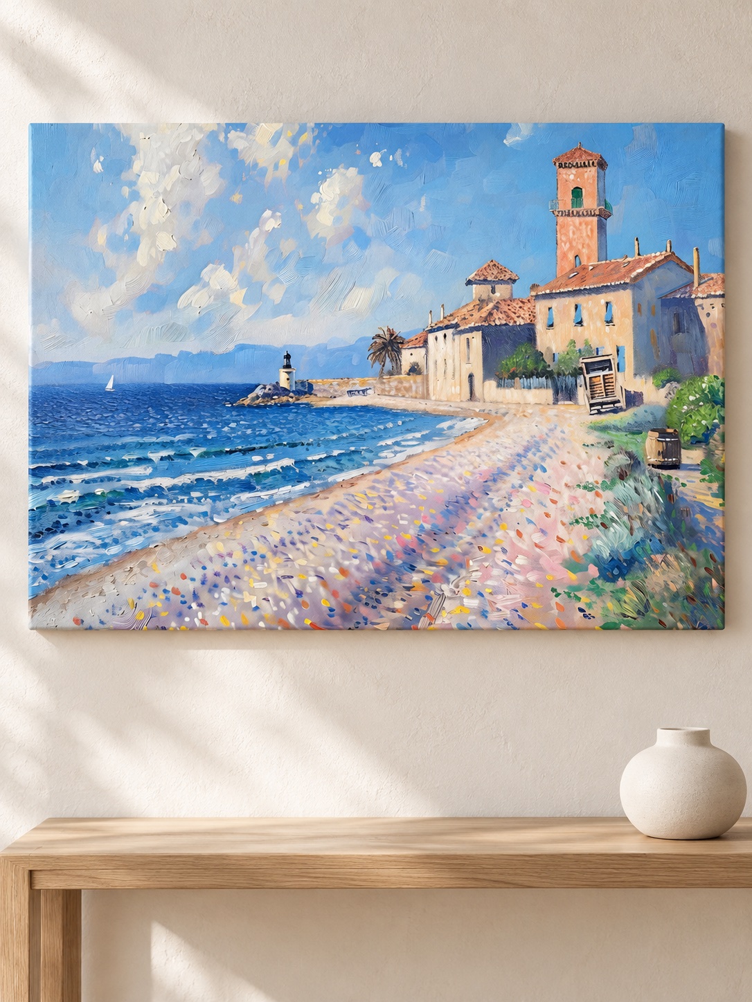 Cheerful Mediterranean fishing village beach canvas art with lighthouse