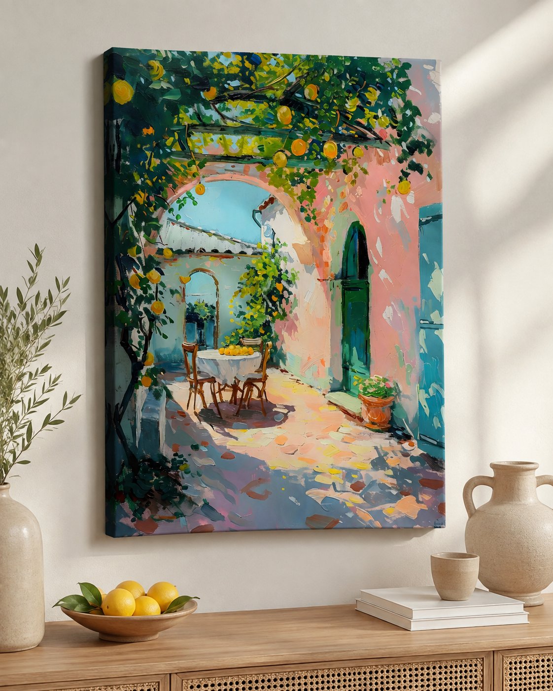 Mediterranean Lemon Orchard Patio Wall Art - Italian Courtyard Canvas Print - Sun-Drenched Terrace Painting canvas print — sunlit courtyard artwork