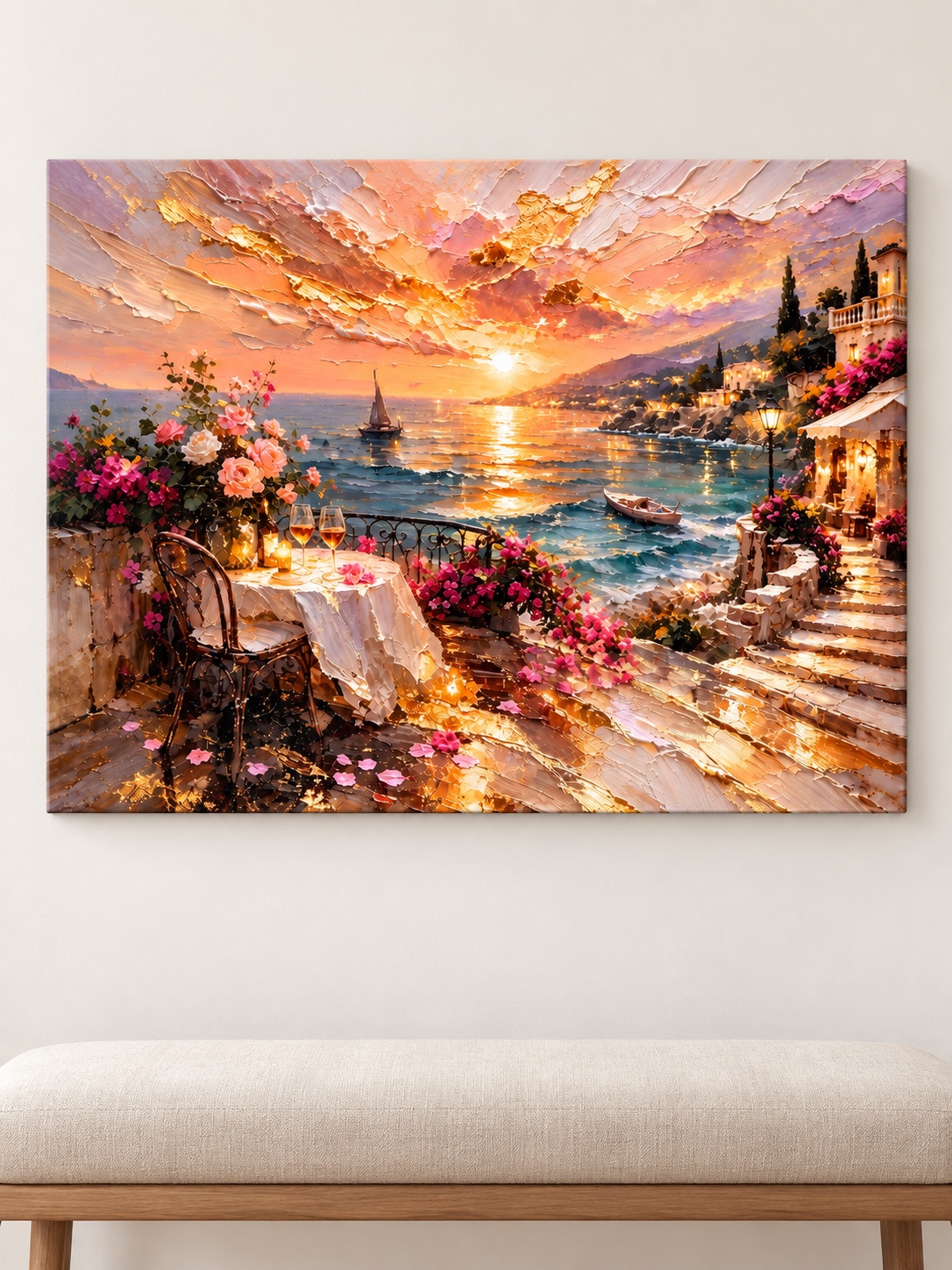 Mediterranean terrace sunset canvas wall art with sailboats and roses