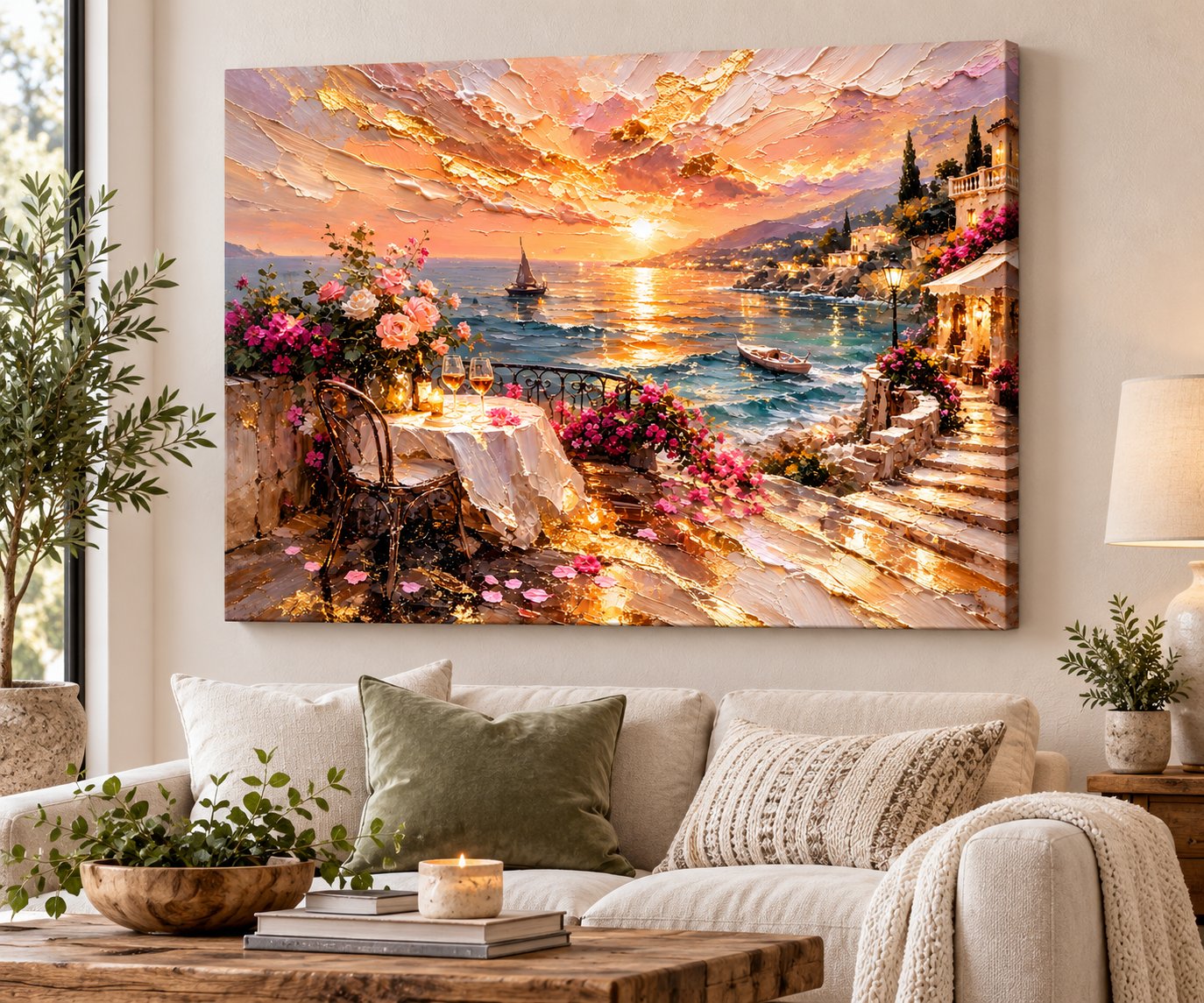 Mediterranean terrace sunset canvas wall art with sailboats and roses