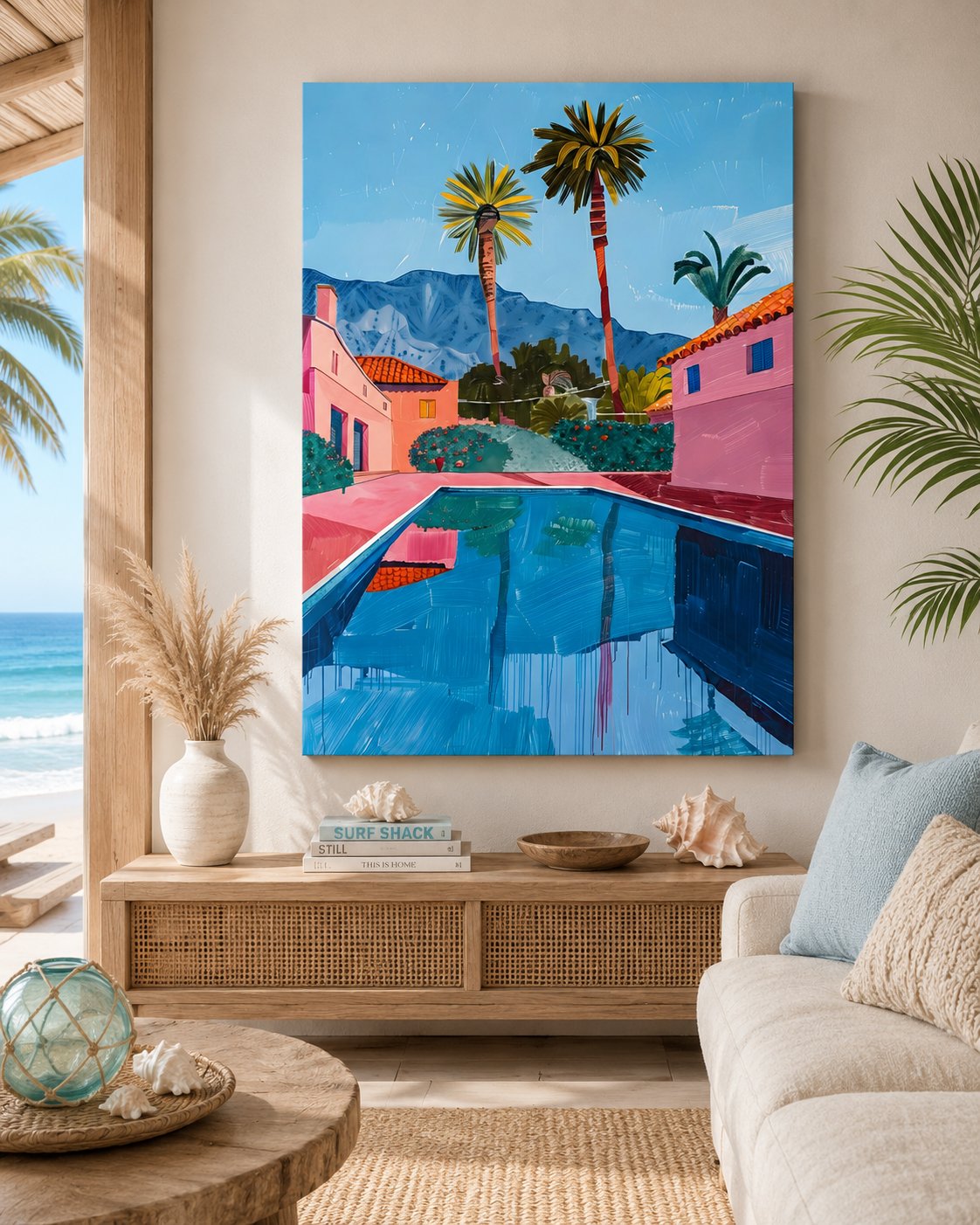 Mid-Century Modern Palm Springs Pool Wall Art | Vibrant Pink Villa & Palm Trees Canvas Print canvas print — poolside decor