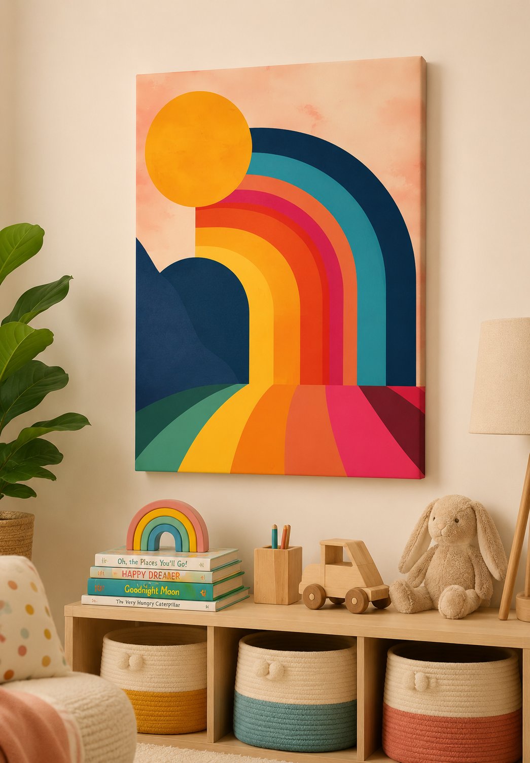 Mid Century Modern Rainbow Wall Art | Retro Abstract Sun & Landscape Canvas Print | Colorful Boho Home Decor canvas print — retro rainbow wall decor