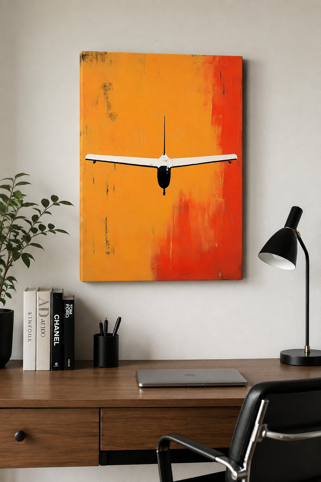 Minimalist Airplane Canvas Wall Art | Abstract Aviation Decor | Vibrant Yellow and Orange Modern Flight Painting Print for Living Room, Office, or Pilot Gift canvas print — aircraft print