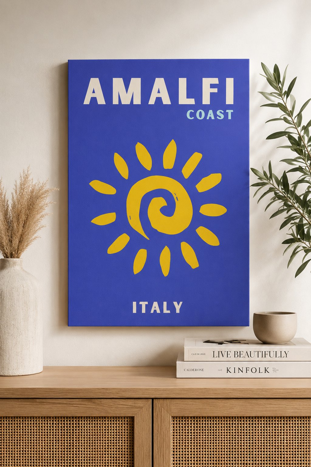 Minimalist Amalfi Coast Italy Wall Art | Vibrant Yellow Sun Travel Poster Print | Modern Mediterranean Home Decor canvas print — Amalfi Coast poster