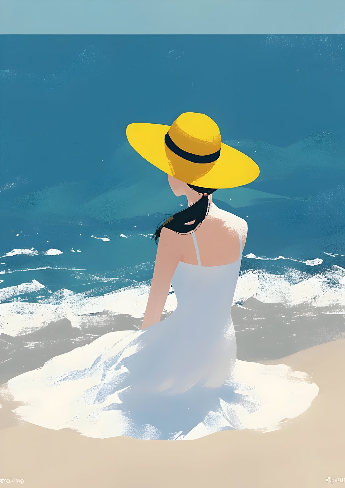 Minimalist Beach Poster - Woman in Yellow Sun Hat Art Print, Modern Coastal Decor, Ocean Breeze Summer Illustration — Poster