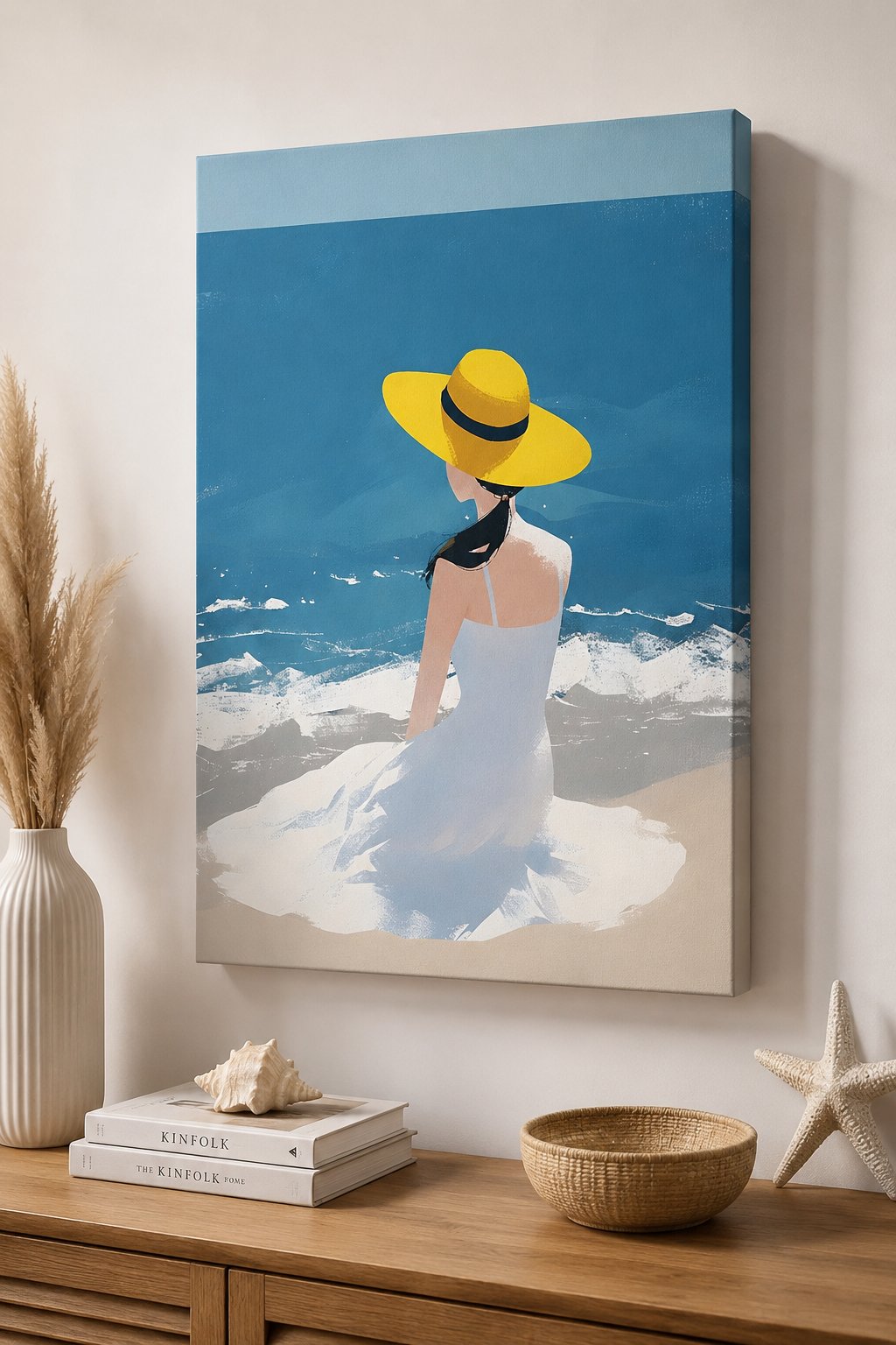 Minimalist Beach Wall Art - Woman in Yellow Sun Hat Art Print, Modern Coastal Decor, Ocean Breeze Summer Illustration canvas print — seaside woman illustration