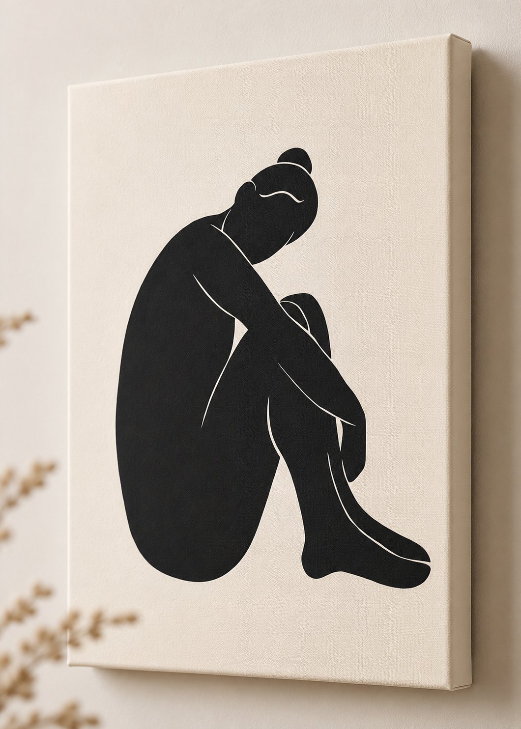 Minimalist Female Figure Wall Art | Abstract Silhouette Black and Beige Canvas Print | Modern Boho Line Art Poster for Living Room Decor canvas print — female silhouette