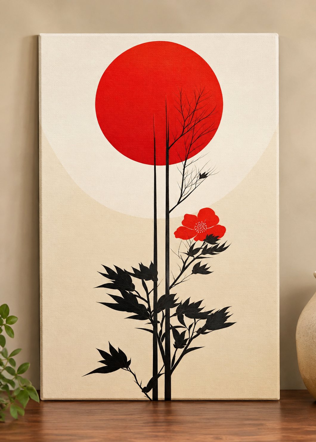 Minimalist Japanese Wall Art | Red Sun & Botanical Flower Canvas Print | Modern Asian-Inspired Silhouette Poster for Living Room Deco canvas print — japanese inspired decor