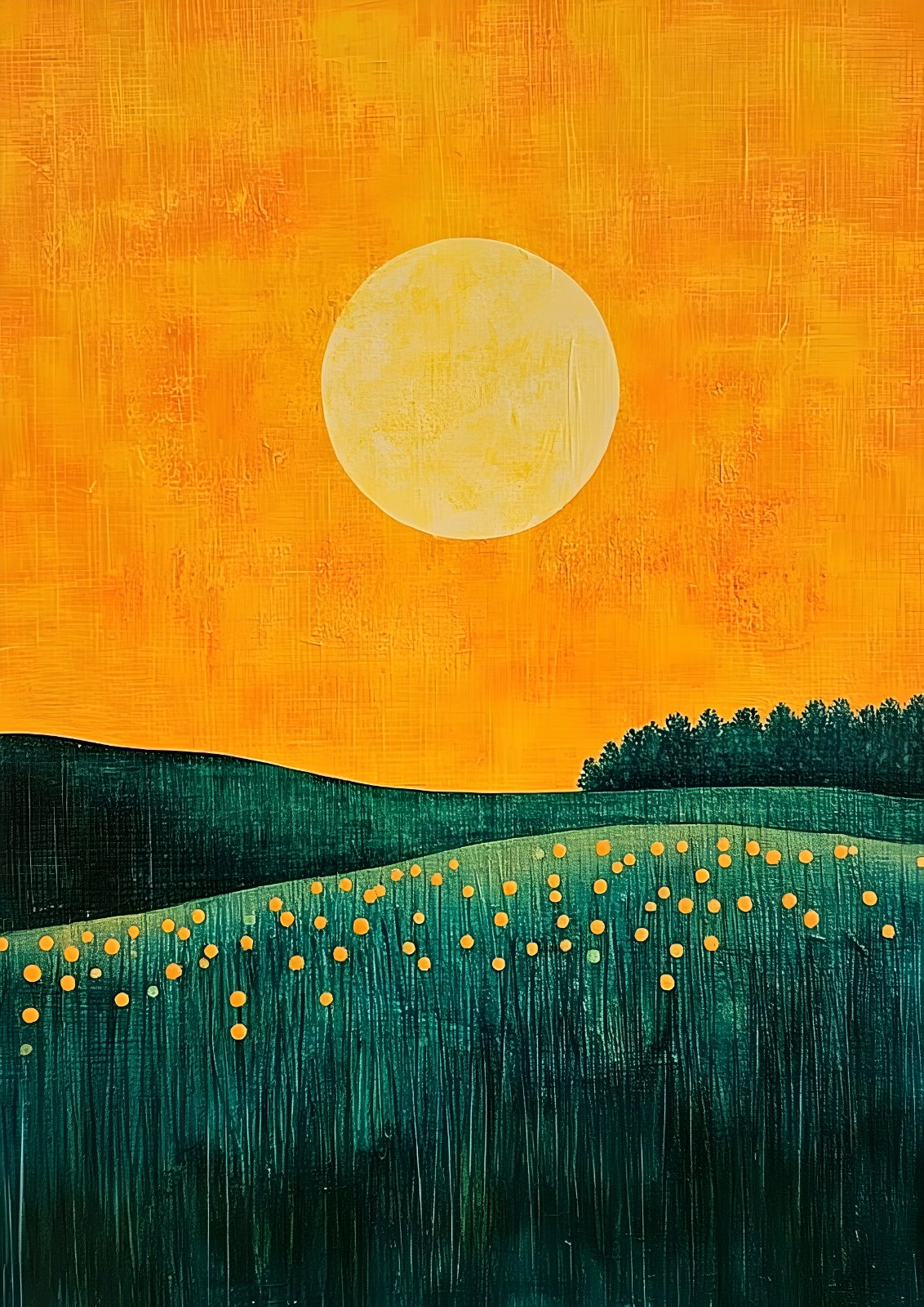 Minimalist Landscape Poster — Vibrant Yellow Sky and Full Moon Poster — Poster