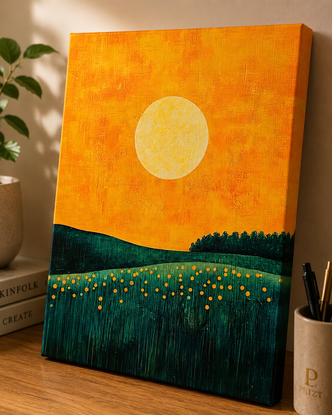 Minimalist Landscape Wall Art — Vibrant Yellow Sky and Full Moon Canvas Print canvas print — sunset landscape wall decor