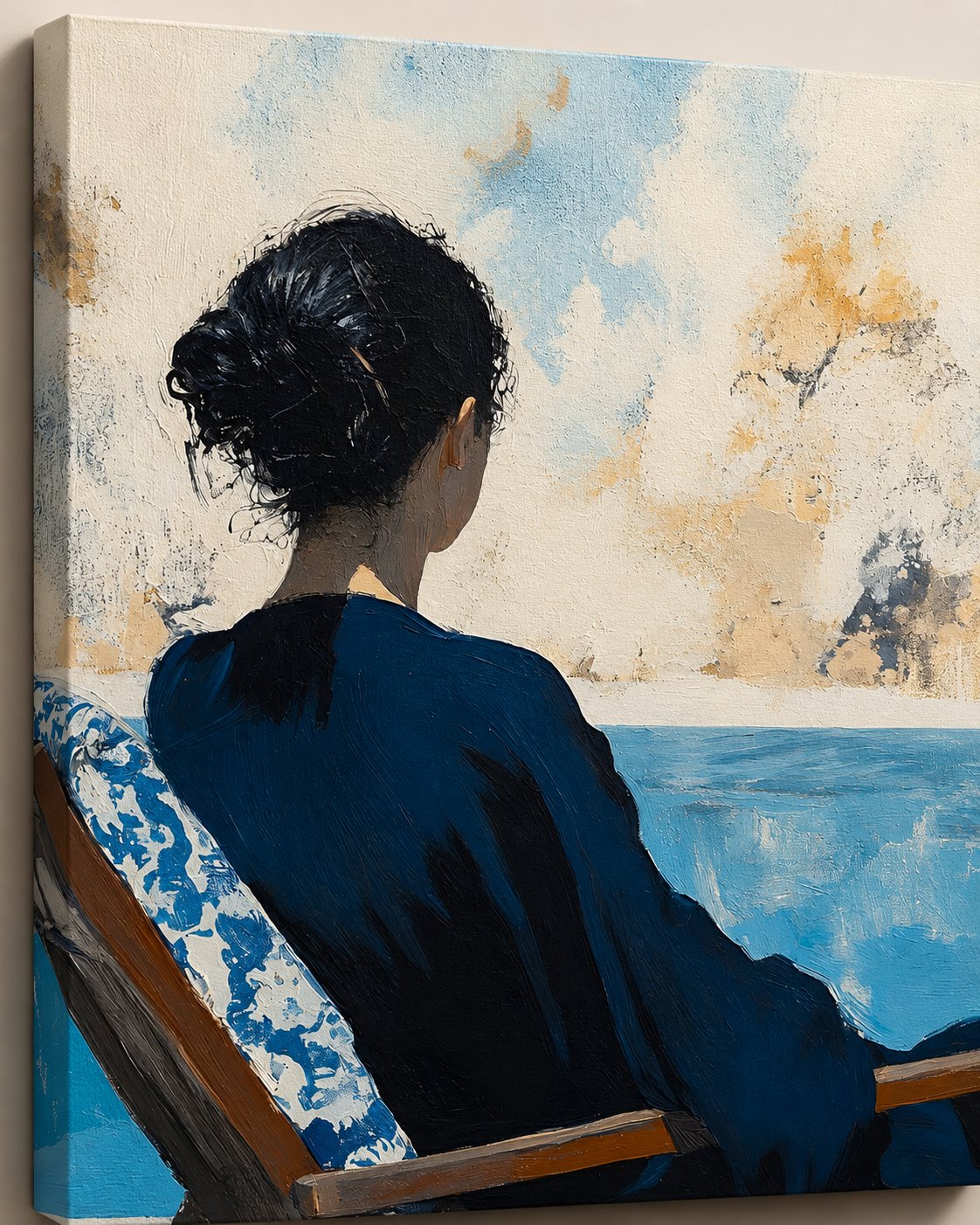 Minimalist Mediterranean Ocean View Wall Art | Serene Woman in Blue Dress Lounging by Pool Painting Print | Coastal Summer Home Decor canvas print — seated woman artwork