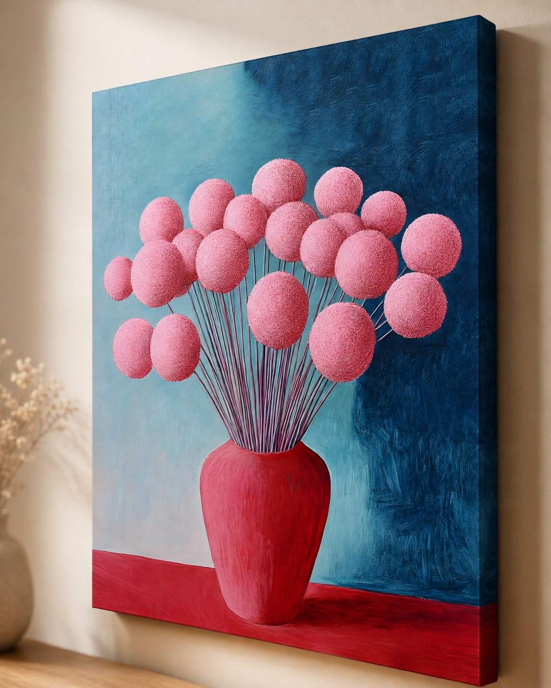 Minimalist Pink Pom Pom Flower Wall Art | Modern Floral Canvas Print | Textured Abstract Botanical Painting | Red Vase Teal Background Large Poster Art canvas print — pom pom bouquet