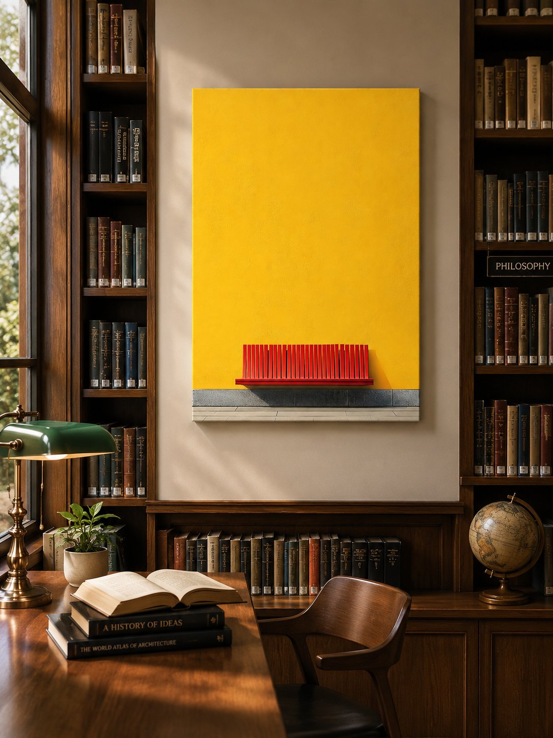 Minimalist Red Bench Wall Art – Vibrant Yellow Wall Decor, Modern Pop Art Canvas Print, Bold Architectural Photography canvas print — yellow wall print