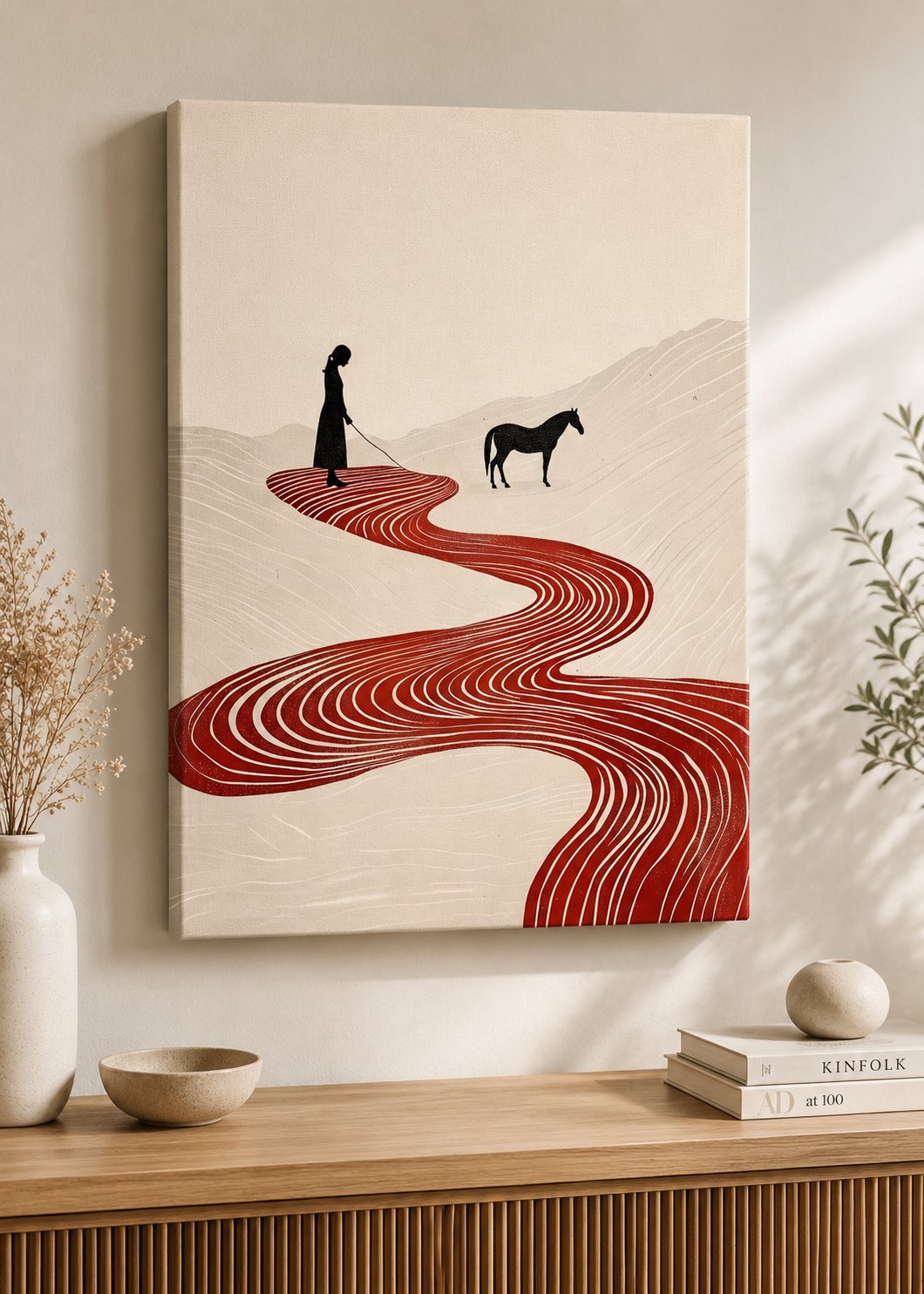 Minimalist Red River Wall Art | Surreal Woman and Horse Linocut Print | Modern Abstract Landscape Canvas | Bohemian Bedroom Wall Decor canvas print — modern equestrian wall decor