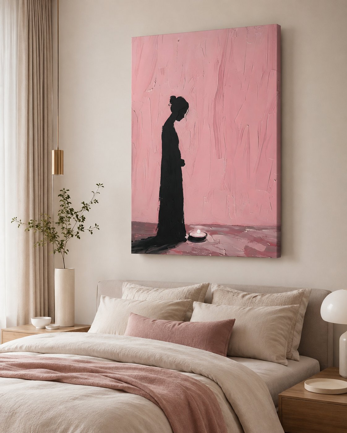 Minimalist Silhouette Wall Art - Elegant Woman and Candle Canvas Print, Serene Textured Pink & Black Acrylic Painting, Modern Bedroom & Living Room Decor canvas print — feminine silhouette decor