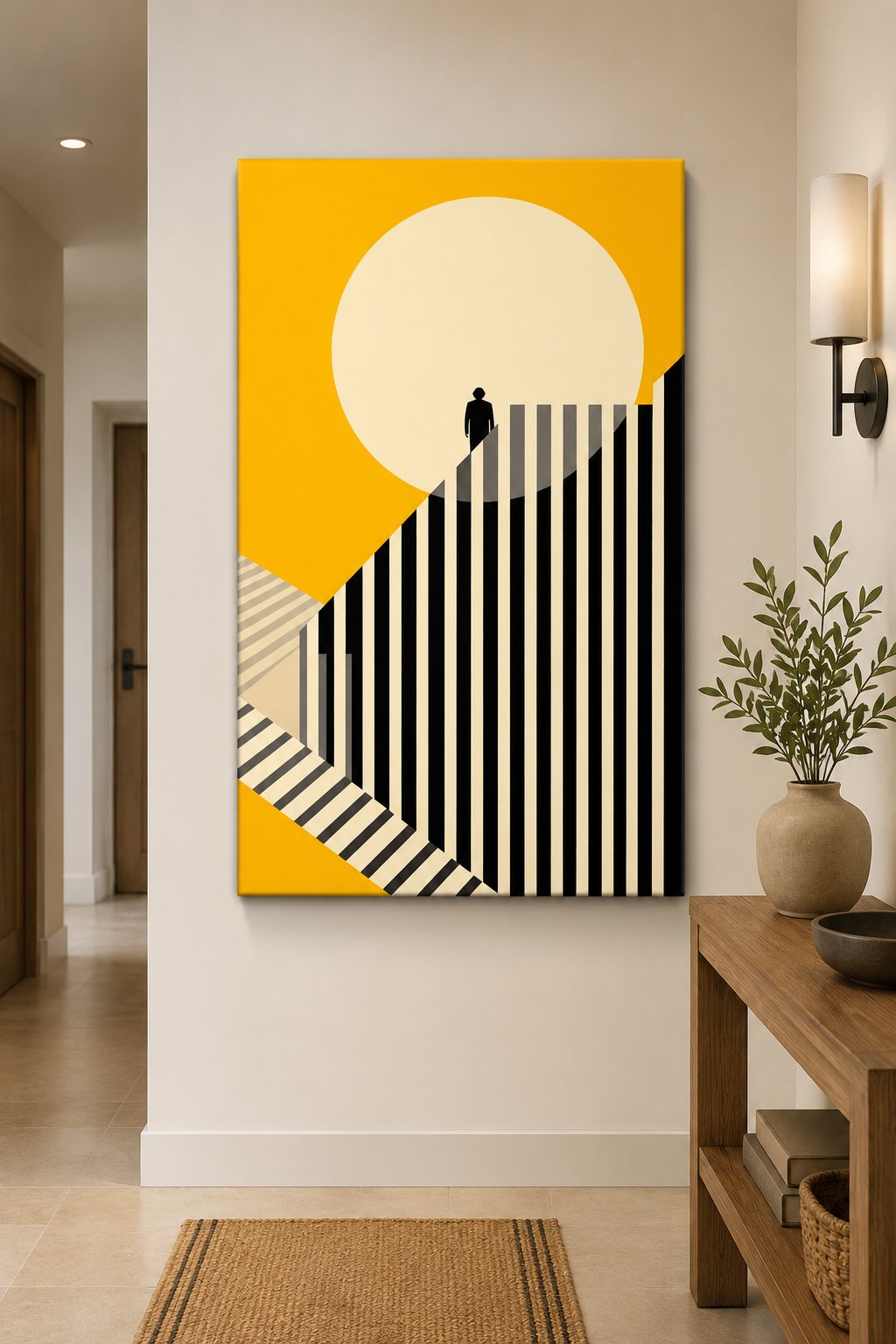 Minimalist Silhouette Wall Art - Modern Yellow and Black Geometric Art Print, Contemporary Escalator Poster for Living Room Decor canvas print — bauhaus decor