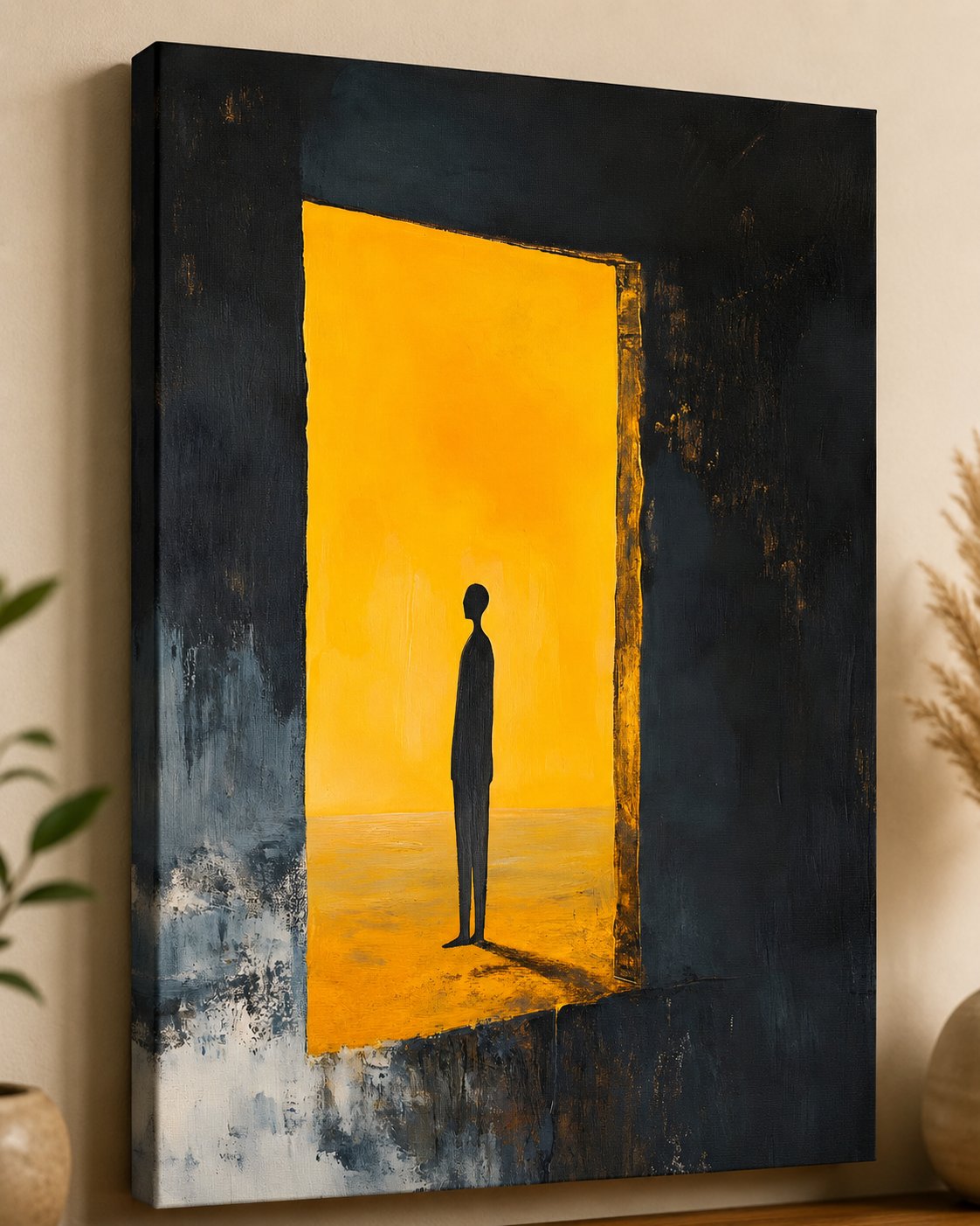 Minimalist Silhouette Wall Art - Surreal Solitude Canvas Print, Modern Yellow and Black Abstract Painting canvas print — solitary figure art