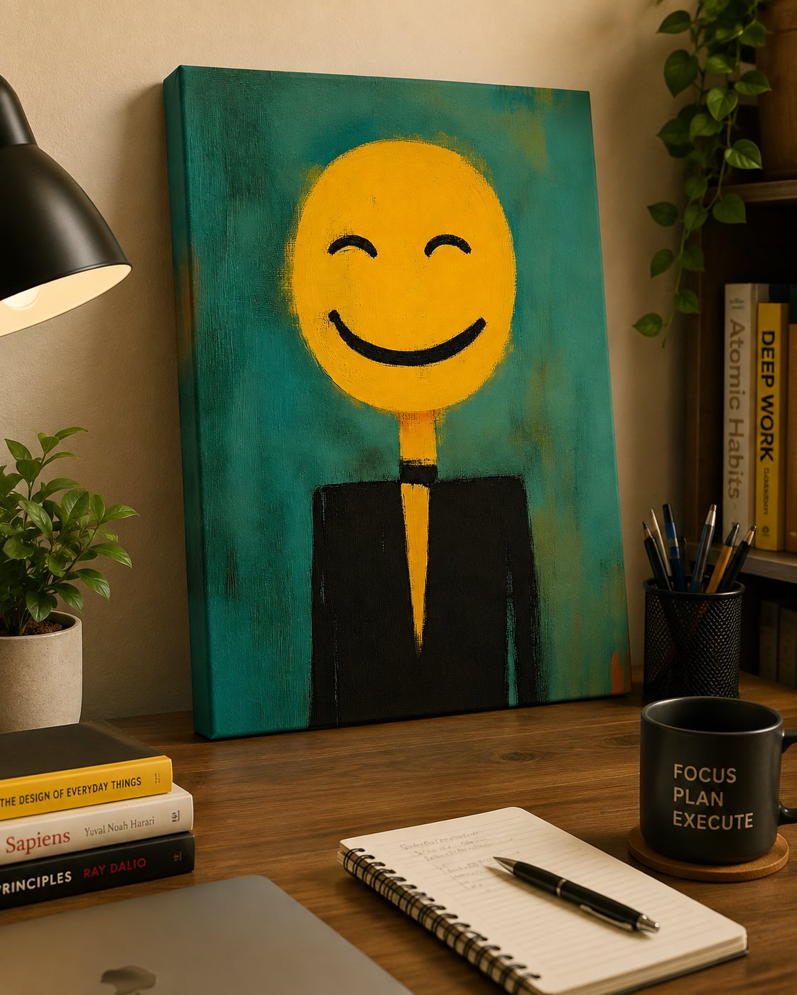 Minimalist Smiley Face Wall Art, Modern Abstract Portrait Canvas Print, Quirky Yellow and Teal Painting, Contemporary Pop Art Poster canvas print — smiley face canvas