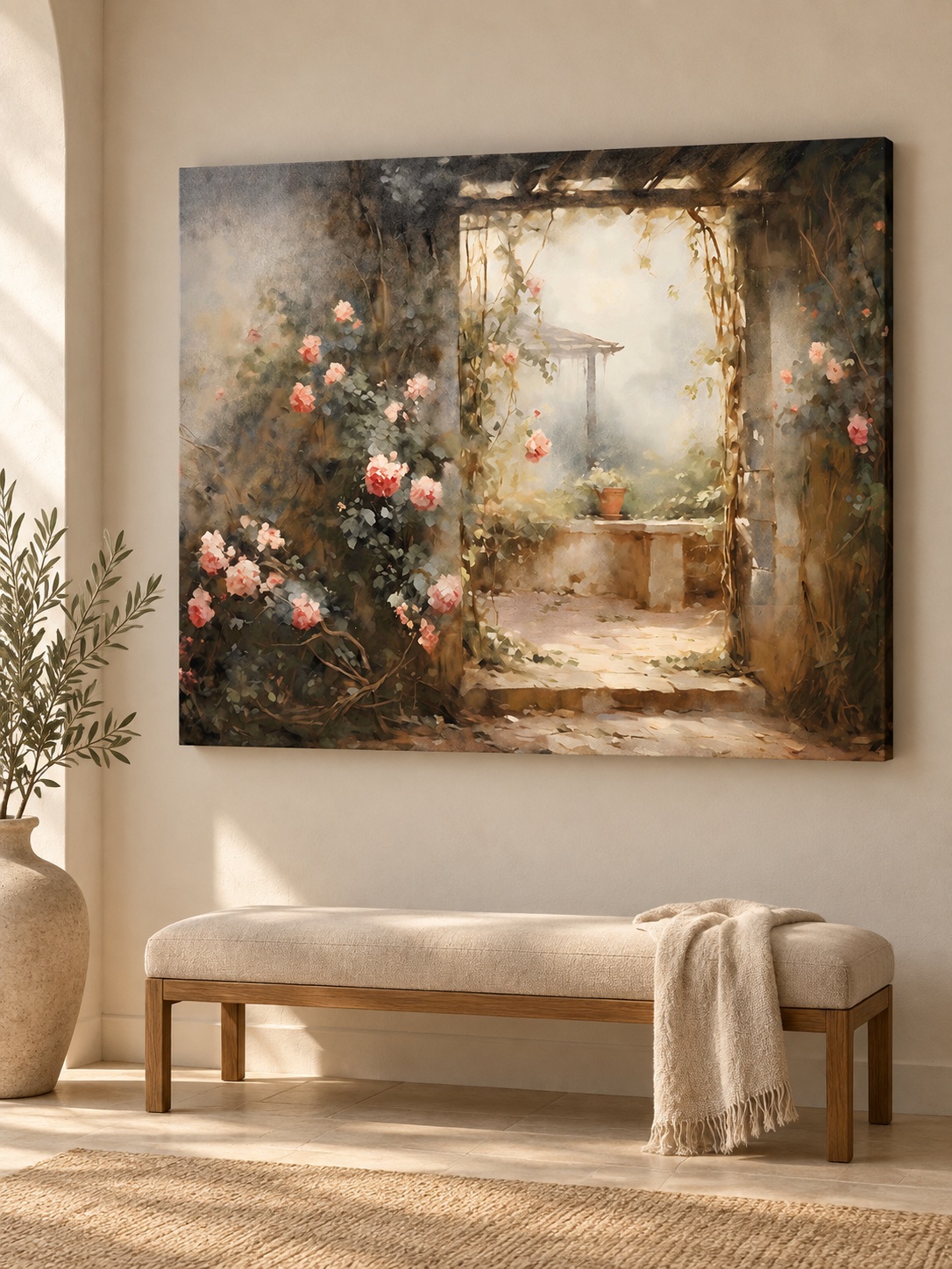 Misty Rose Garden Archway Canvas Wall Art