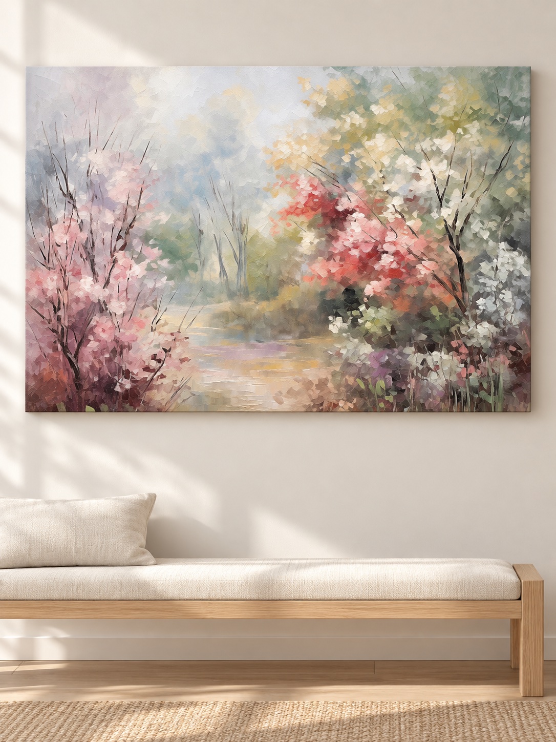 Tranquil misty spring blossom path canvas wall art