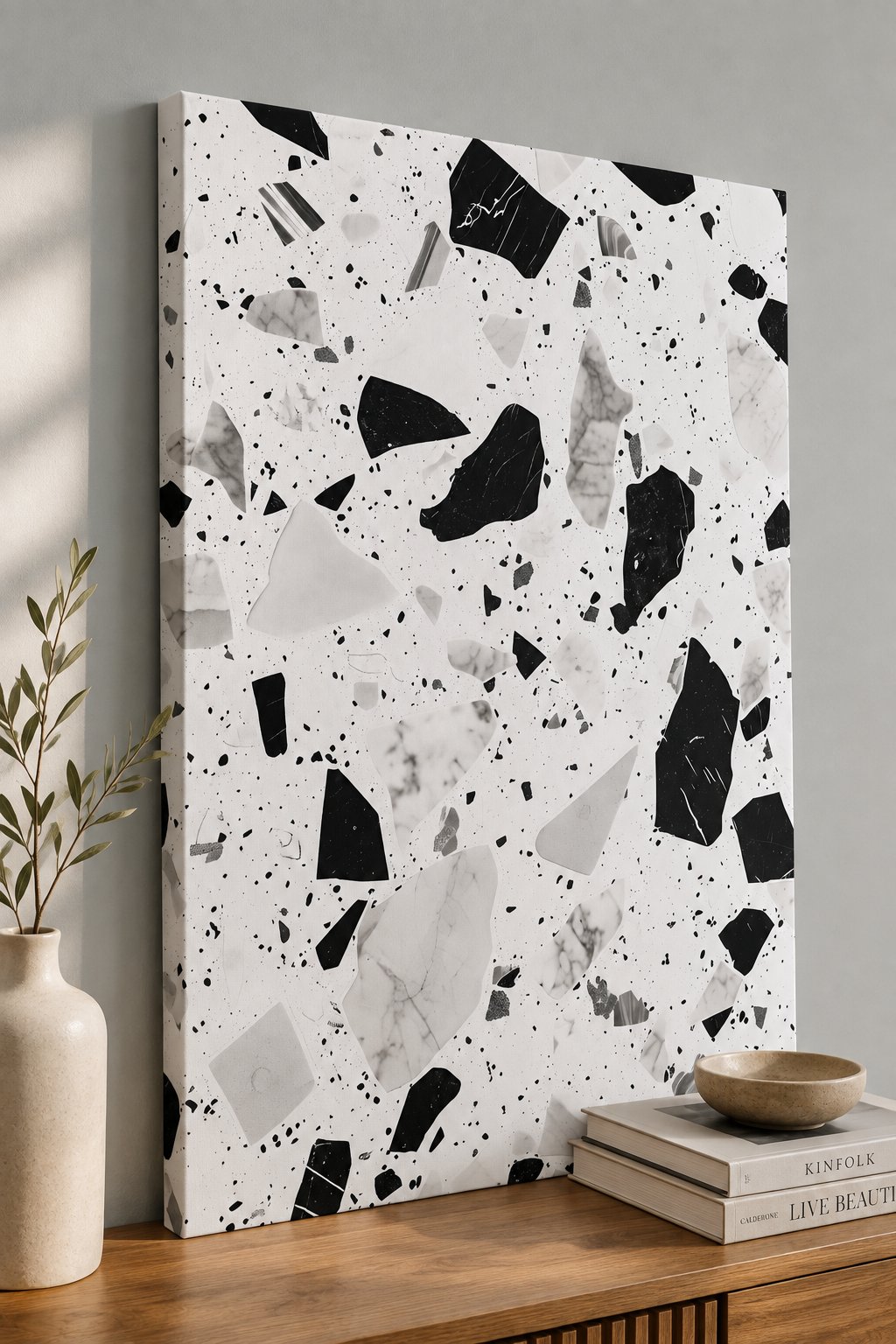 Modern Black and White Terrazzo Wall Art | Minimalist Abstract Stone Canvas Print for Living Room
