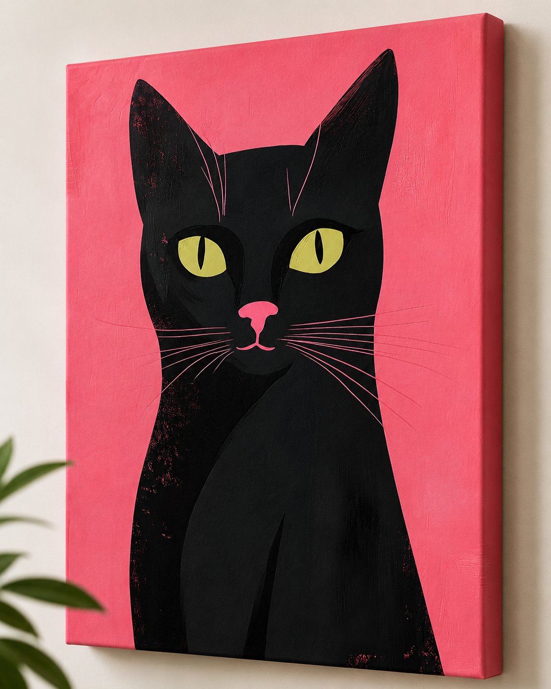 Modern Black Cat Wall Art – Minimalist Cat Illustration Art Print, Vibrant Pink Background, Contemporary Feline Home Decor canvas print — black cat print