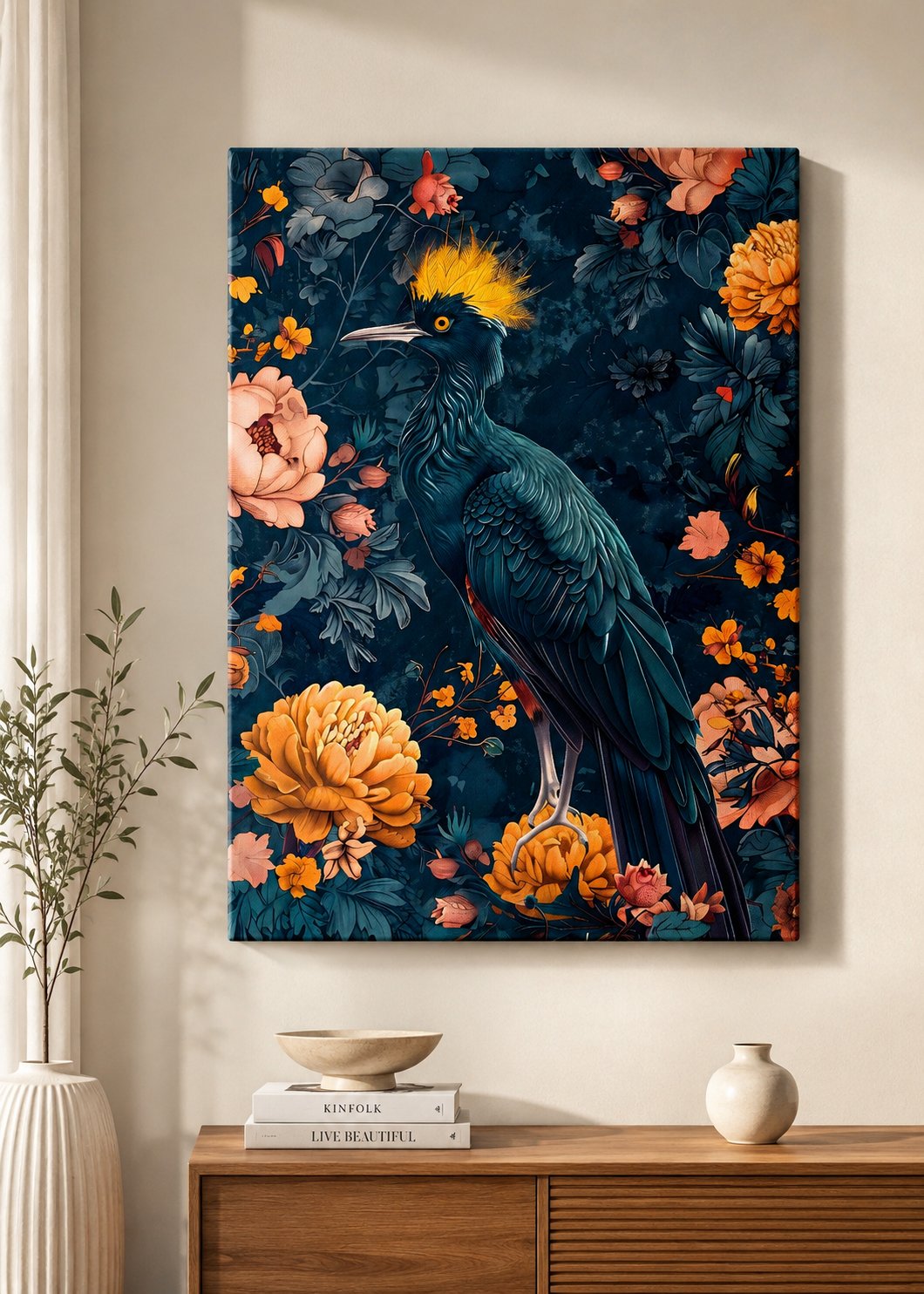 Modern Botanical Wall Art - Teal Bird and Golden Crest in Floral Garden Print canvas print — avian wall decor