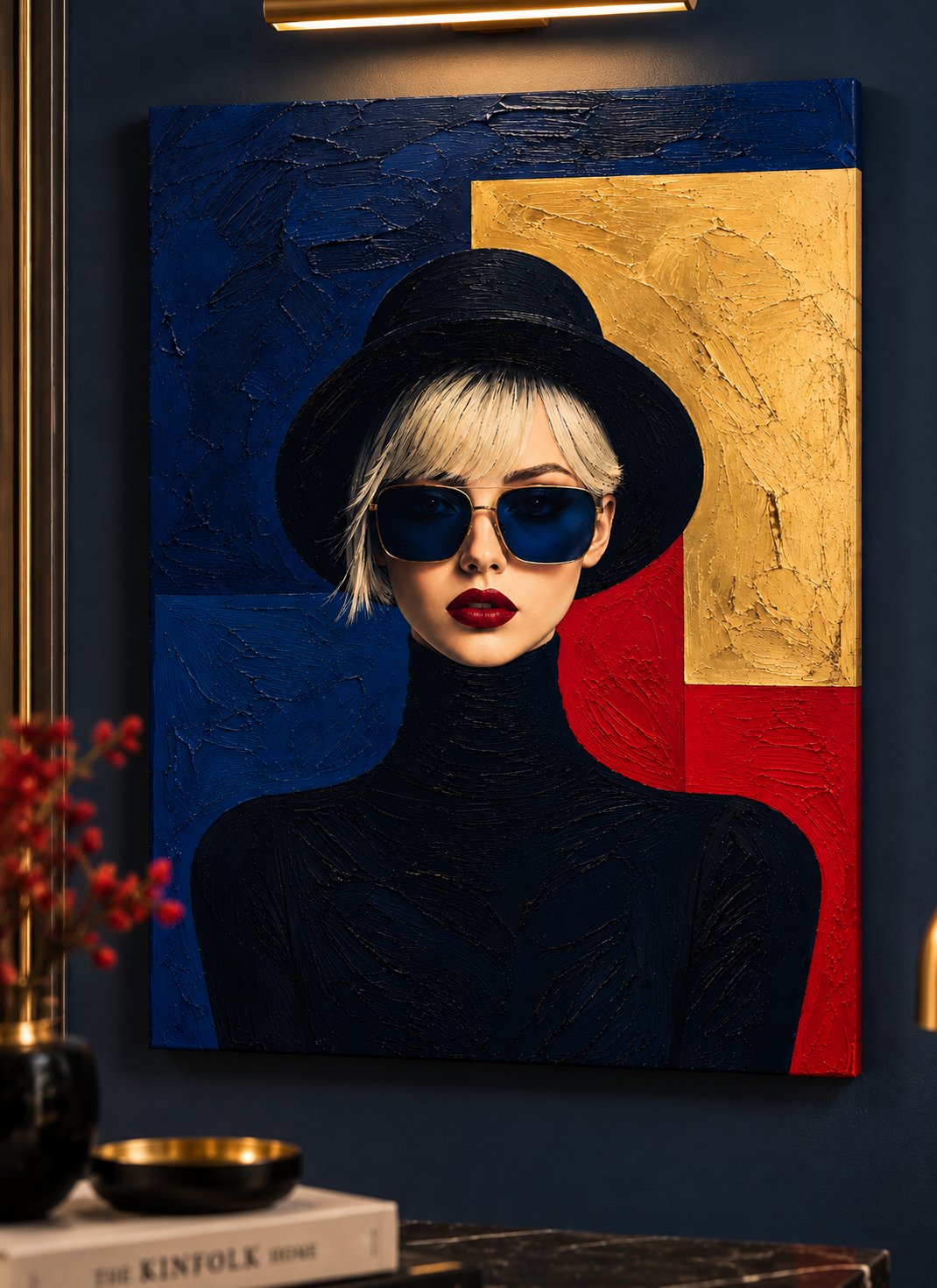 Modern Chic Woman Canvas Wall Art – Avant-Garde Portrait with Gold Leaf & Textured Abstract Background, Bold Fashion Painting for Living Room Decor canvas print — fashion wall decor