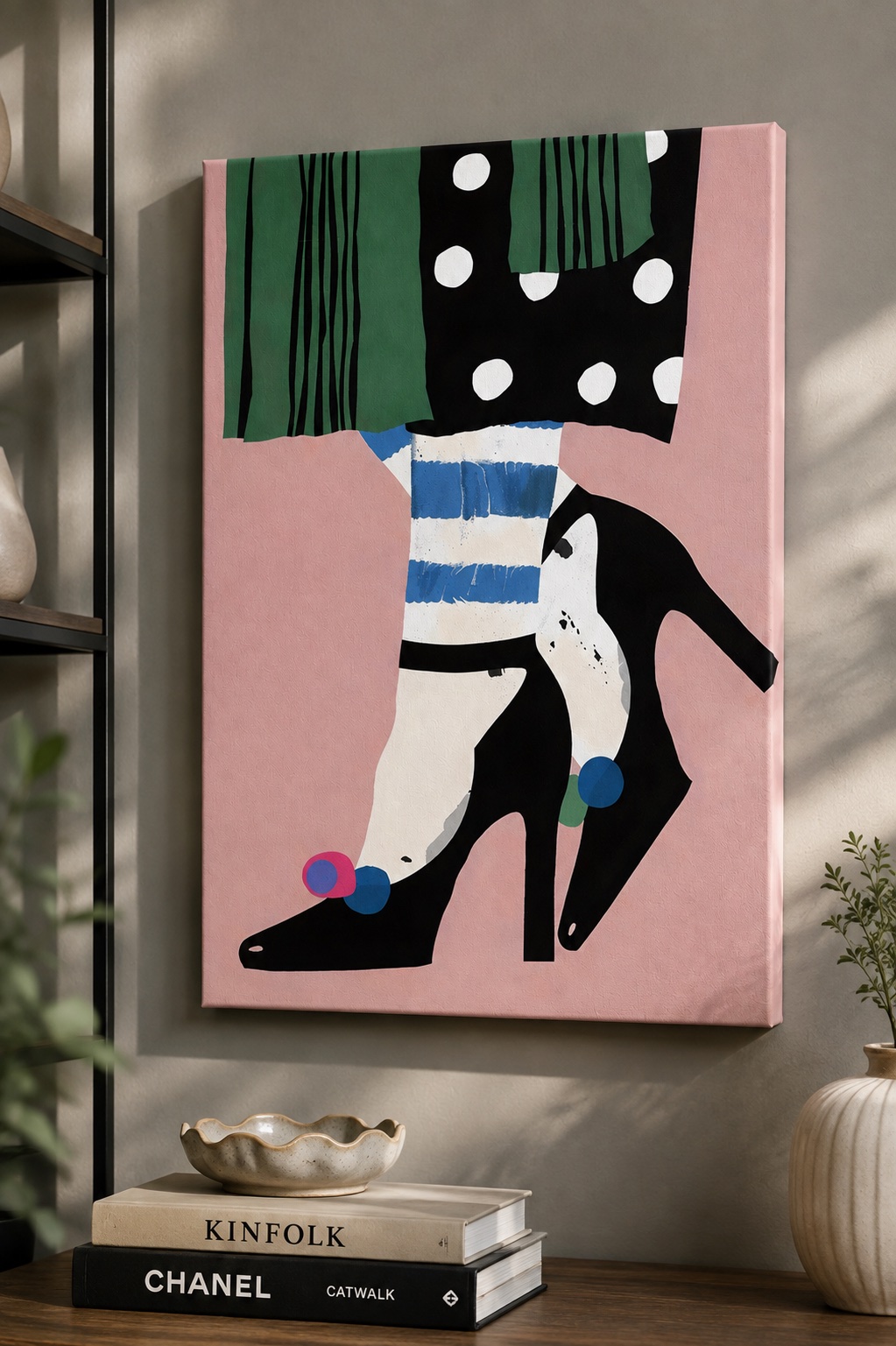 Modern Fashion Wall Art Print | Quirky High Heels Illustration | Mid Century Modern Polka Dot & Stripes Poster | Chic Feminine Bedroom Decor | Whimsical Stylized Legs Print canvas print — fashion wall decor