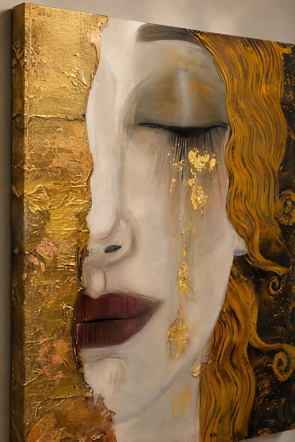 Modern Gustav Klimt Inspired Canvas Wall Art - Golden Tears Abstract Face Painting Print for Living Room Decor canvas print — gilded woman artwork