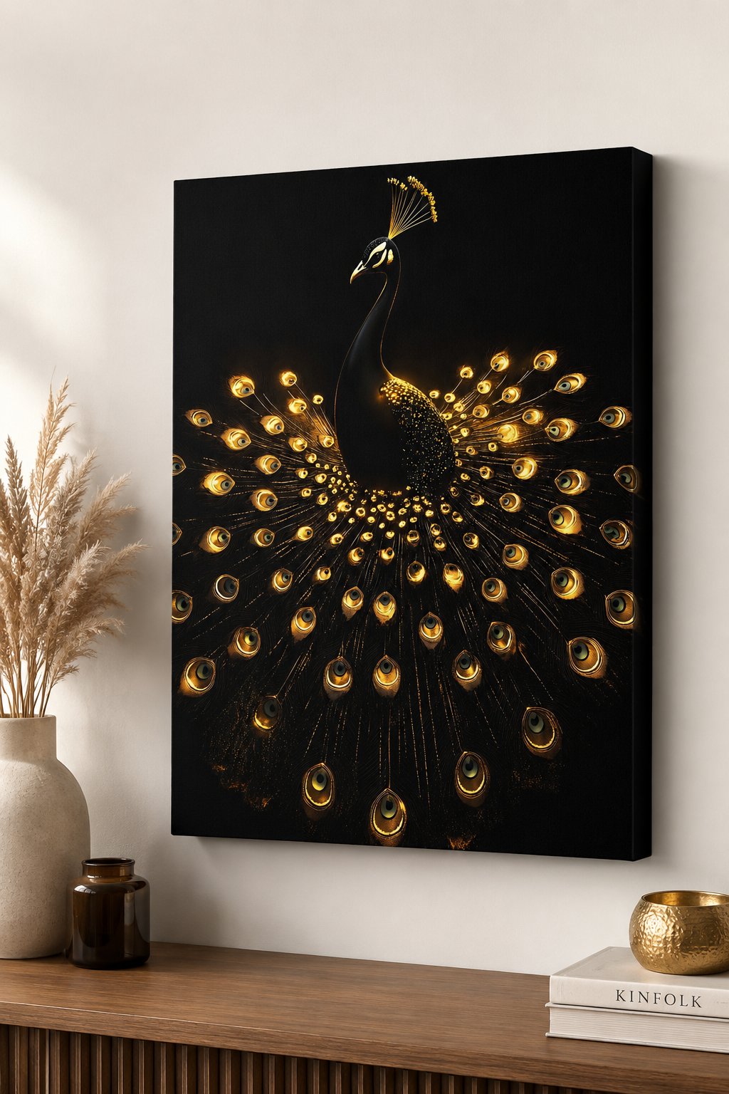 Modern Luxury Gold and Black Peacock Canvas Wall Art - Elegant Golden Animal Print Poster for Living Room Decor canvas print — peacock wall decor