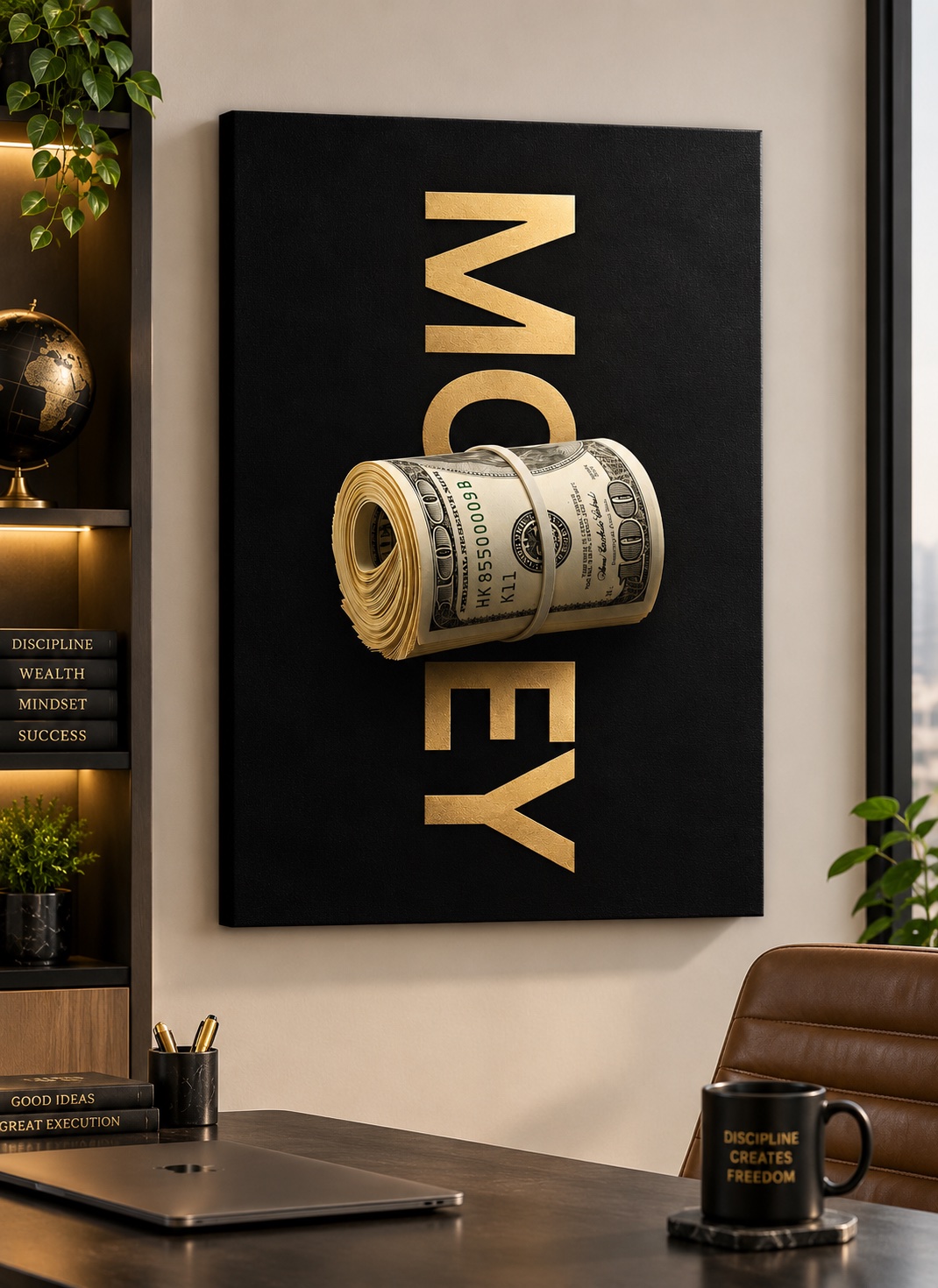 Modern Luxury Money Wall Art - Gold Typography Roll of Cash Canvas Print canvas print — money mindset decor